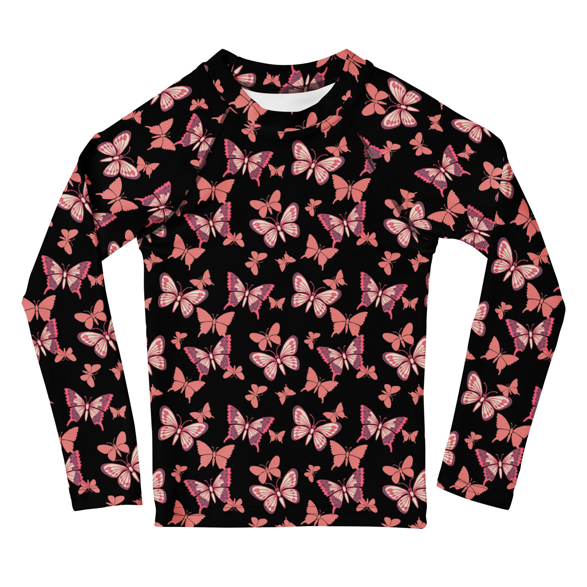 Girls Pink Butterfly Long Sleeve Rash Guard Swim Shirt – Buttery Soft, Sun Safe UPF 50+ Protection, Quick Dry & 4-Way Stretch Comfort