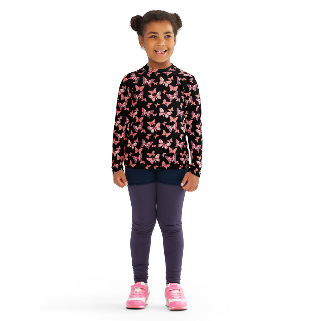 Girls Pink Butterfly Long Sleeve Rash Guard Swim Shirt – Buttery Soft, Sun Safe UPF 50+ Protection, Quick Dry & 4-Way Stretch Comfort