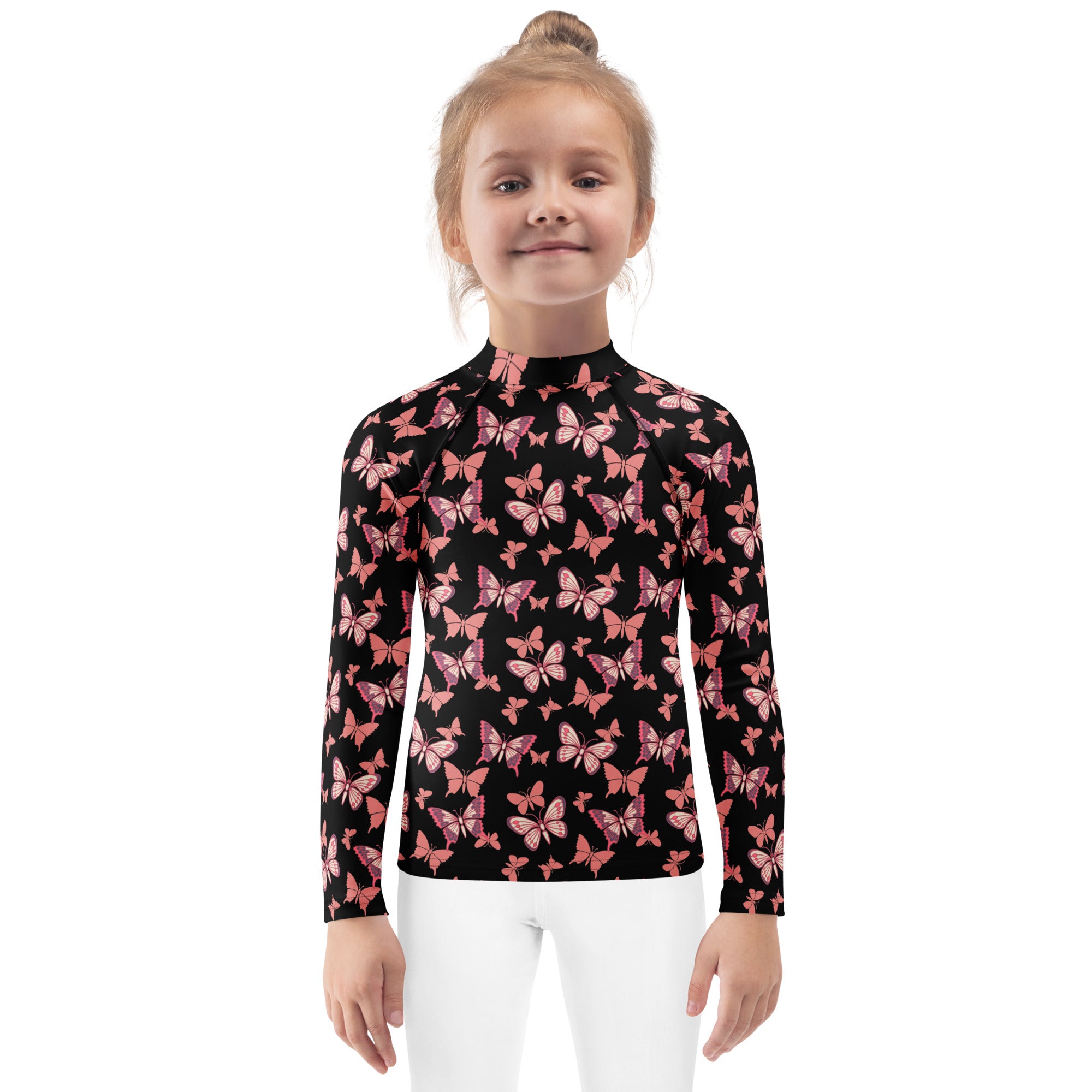 Girls Pink Butterfly Long Sleeve Rash Guard Swim Shirt – Buttery Soft, Sun Safe UPF 50+ Protection, Quick Dry & 4-Way Stretch Comfort