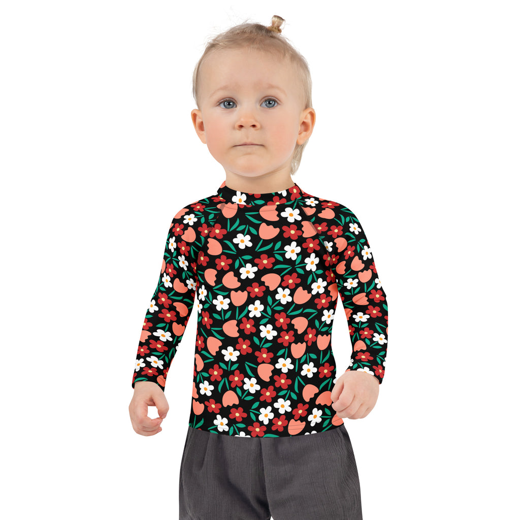 Kids Retro Floral Long Sleeve Rash Guard Swim Shirt – Buttery Soft, Sun Safe UPF 50+ Protection, Quick Dry & 4-Way Stretch Comfort