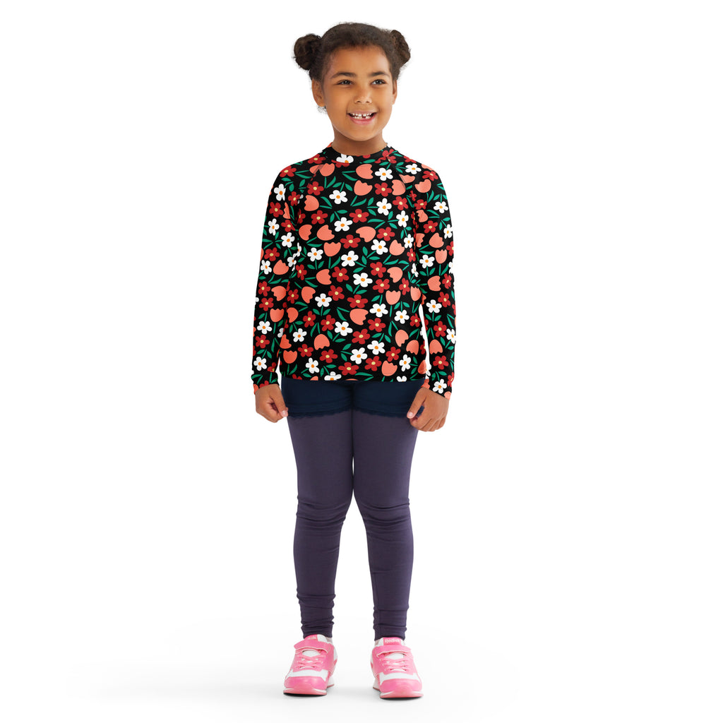 Kids Retro Floral Long Sleeve Rash Guard Swim Shirt – Buttery Soft, Sun Safe UPF 50+ Protection, Quick Dry & 4-Way Stretch Comfort