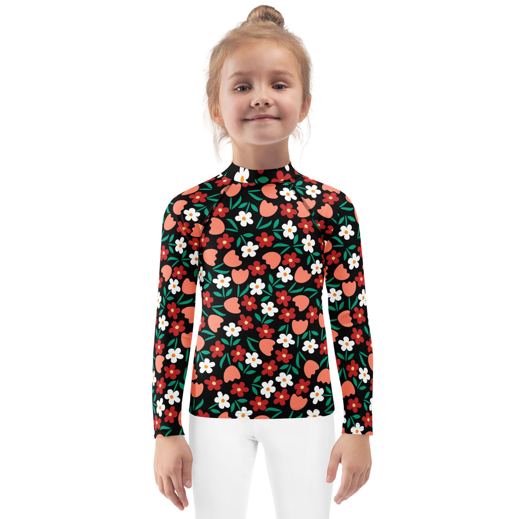 Kids Retro Floral Long Sleeve Rash Guard Swim Shirt – Buttery Soft, Sun Safe UPF 50+ Protection, Quick Dry & 4-Way Stretch Comfort