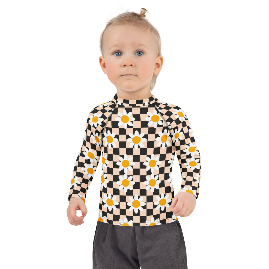 Girls Daisy Checkerboard Long Sleeve Rash Guard Swim Shirt – Buttery Soft, Sun Safe UPF 50+ Protection, Quick Dry & 4-Way Stretch Comfort