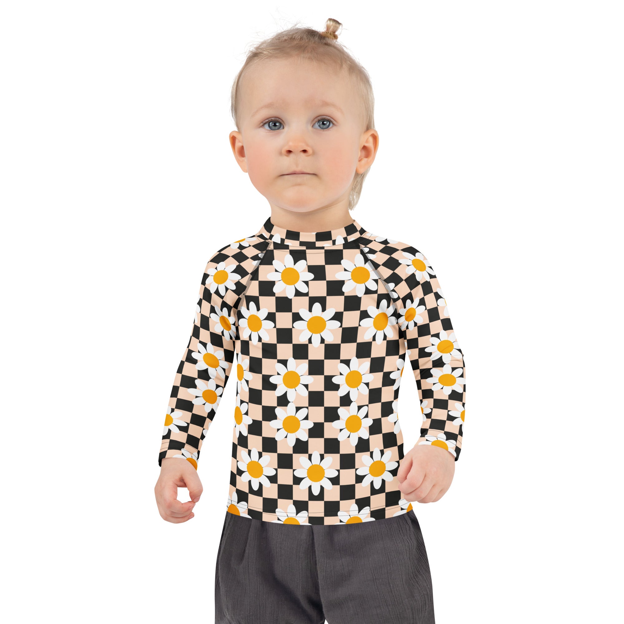 Girls Daisy Checkerboard Long Sleeve Rash Guard Swim Shirt – Buttery Soft, Sun Safe UPF 50+ Protection, Quick Dry & 4-Way Stretch Comfort