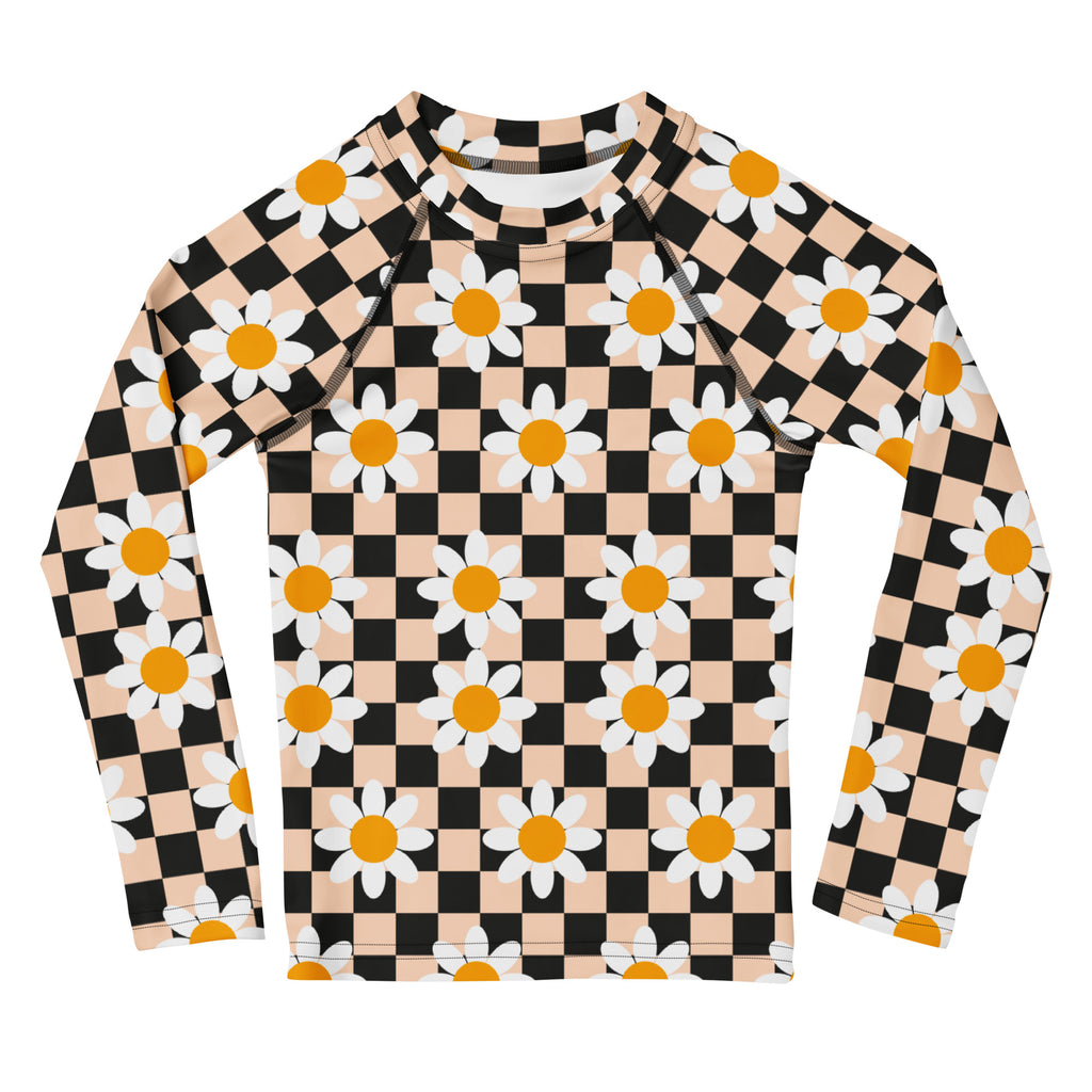 Girls Daisy Checkerboard Long Sleeve Rash Guard Swim Shirt – Buttery Soft, Sun Safe UPF 50+ Protection, Quick Dry & 4-Way Stretch Comfort
