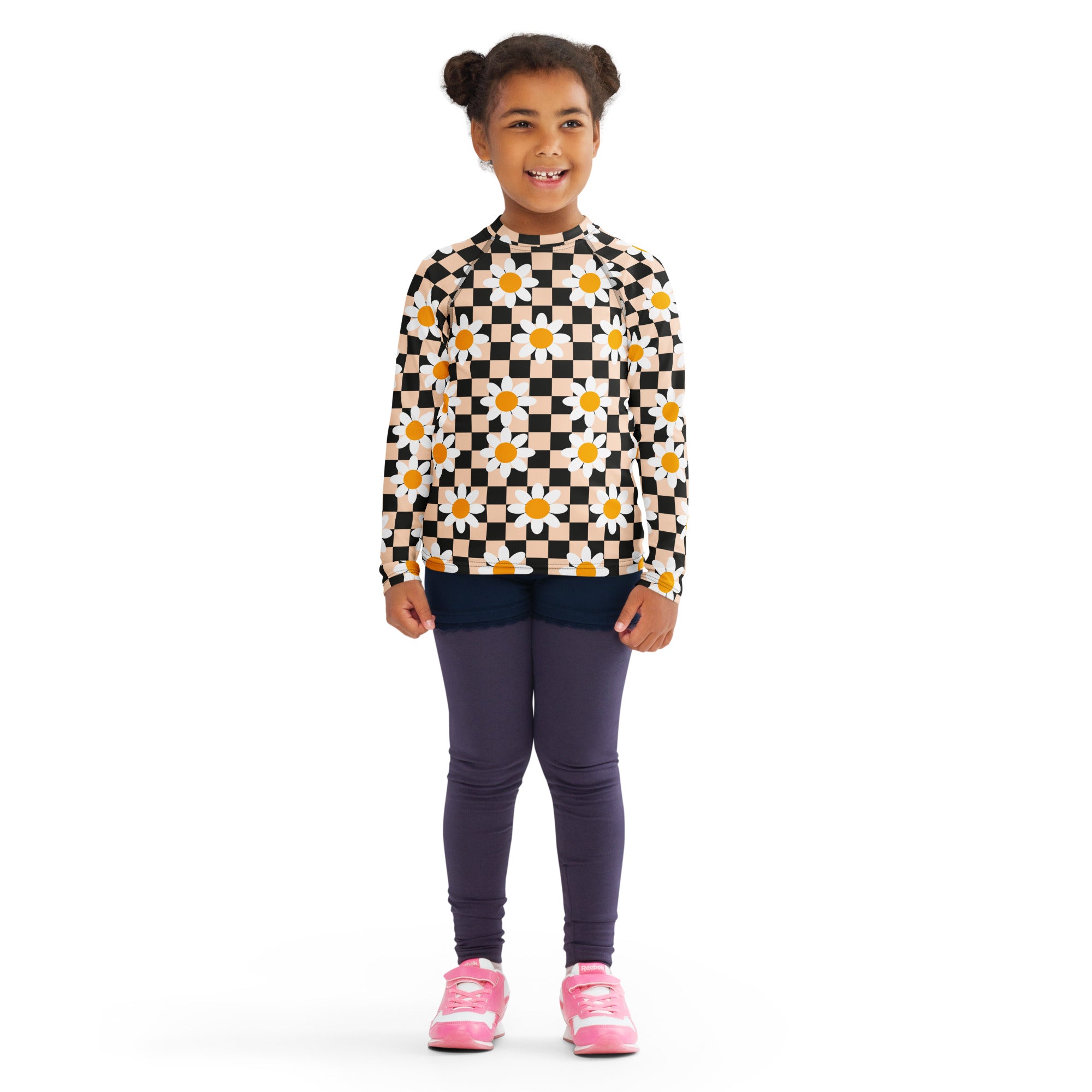 Girls Daisy Checkerboard Long Sleeve Rash Guard Swim Shirt – Buttery Soft, Sun Safe UPF 50+ Protection, Quick Dry & 4-Way Stretch Comfort