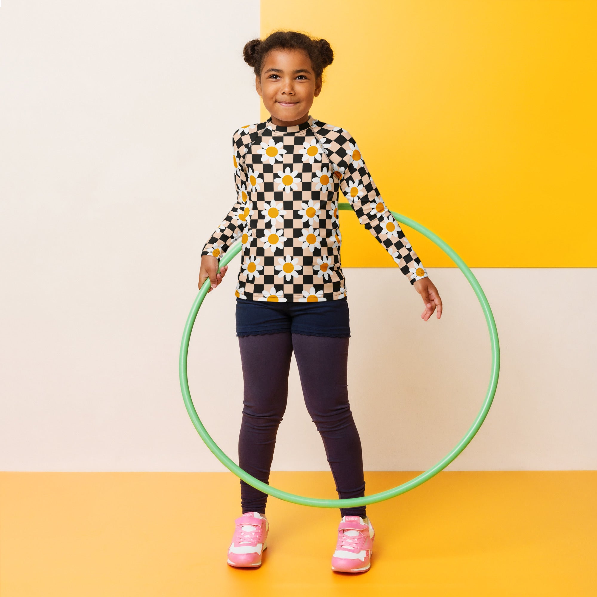 Girls Daisy Checkerboard Long Sleeve Rash Guard Swim Shirt – Buttery Soft, Sun Safe UPF 50+ Protection, Quick Dry & 4-Way Stretch Comfort