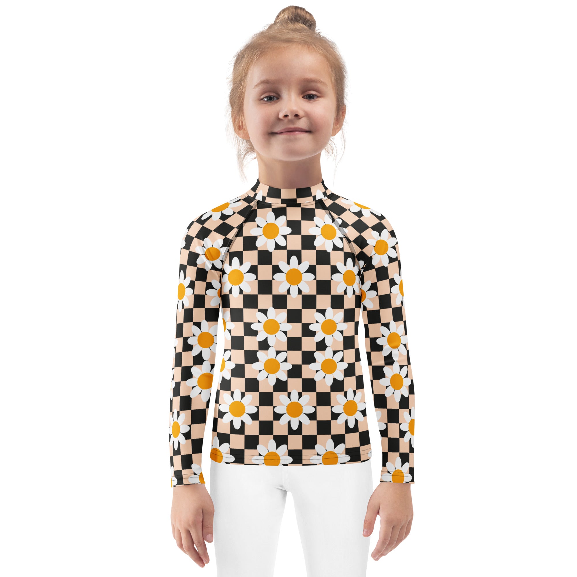 Girls Daisy Checkerboard Long Sleeve Rash Guard Swim Shirt – Buttery Soft, Sun Safe UPF 50+ Protection, Quick Dry & 4-Way Stretch Comfort