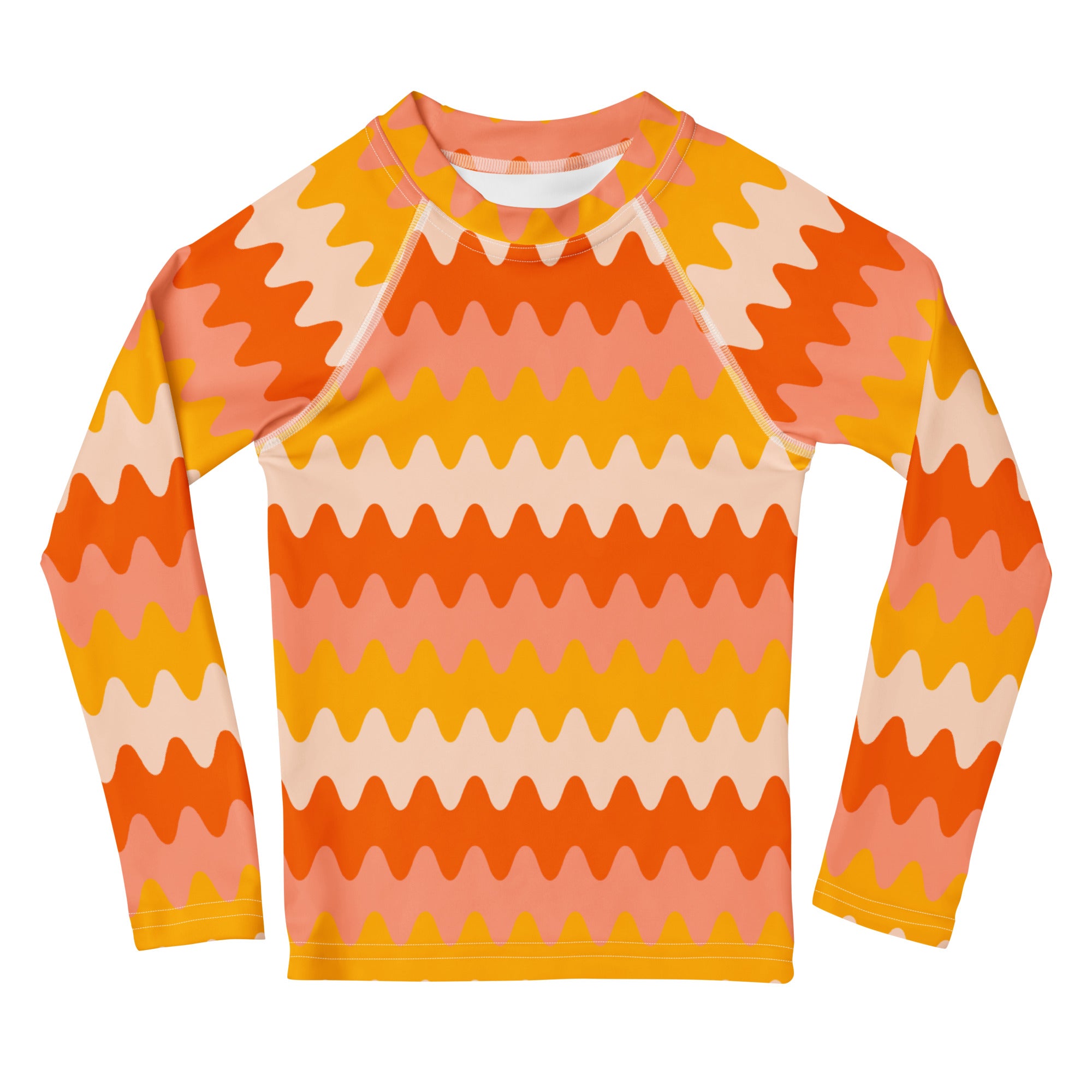Kids Retro Sunset Waves Long Sleeve Rash Guard Swim Shirt – Buttery Soft, Sun Safe UPF 50+ Protection, Quick Dry & 4-Way Stretch Comfort