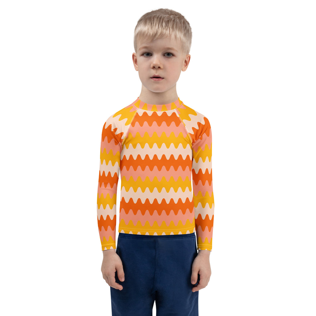 Kids Retro Sunset Waves Long Sleeve Rash Guard Swim Shirt – Buttery Soft, Sun Safe UPF 50+ Protection, Quick Dry & 4-Way Stretch Comfort