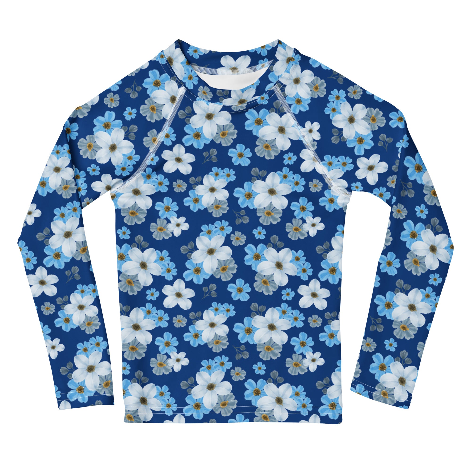 Kids Blue Wildflower Garden Long Sleeve Rash Guard Swim Shirt – Buttery Soft, Sun Safe UPF 50+ Protection, Quick Dry & 4-Way Stretch Comfort