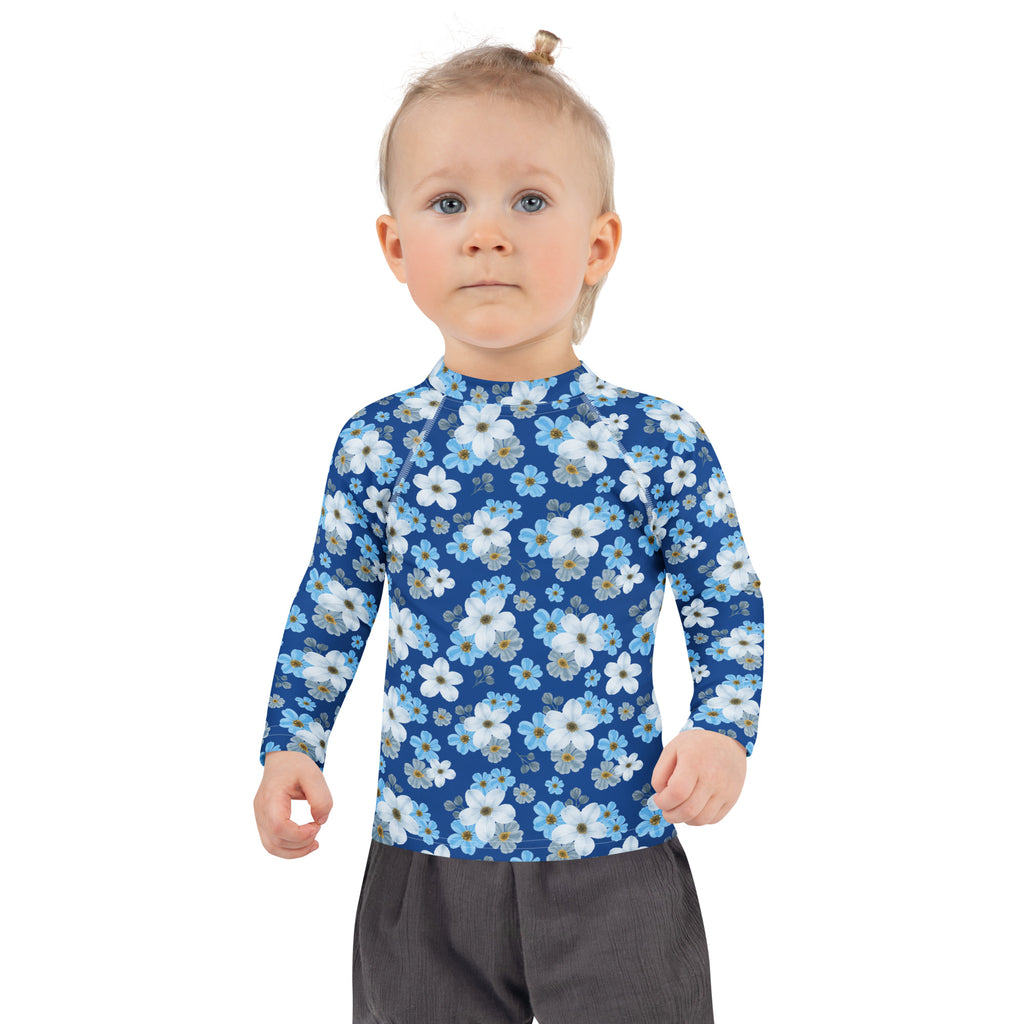 Kids Blue Wildflower Garden Long Sleeve Rash Guard Swim Shirt – Buttery Soft, Sun Safe UPF 50+ Protection, Quick Dry & 4-Way Stretch Comfort