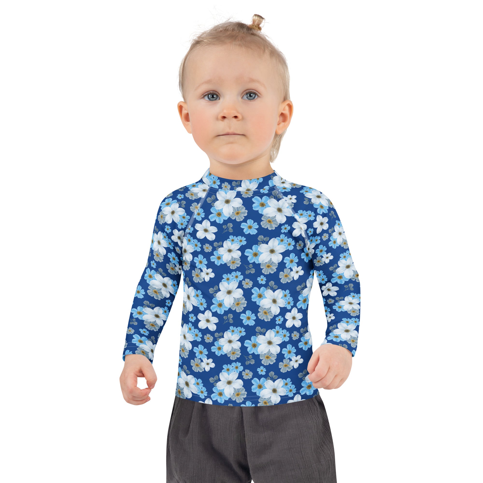 Kids Blue Wildflower Garden Long Sleeve Rash Guard Swim Shirt – Buttery Soft, Sun Safe UPF 50+ Protection, Quick Dry & 4-Way Stretch Comfort