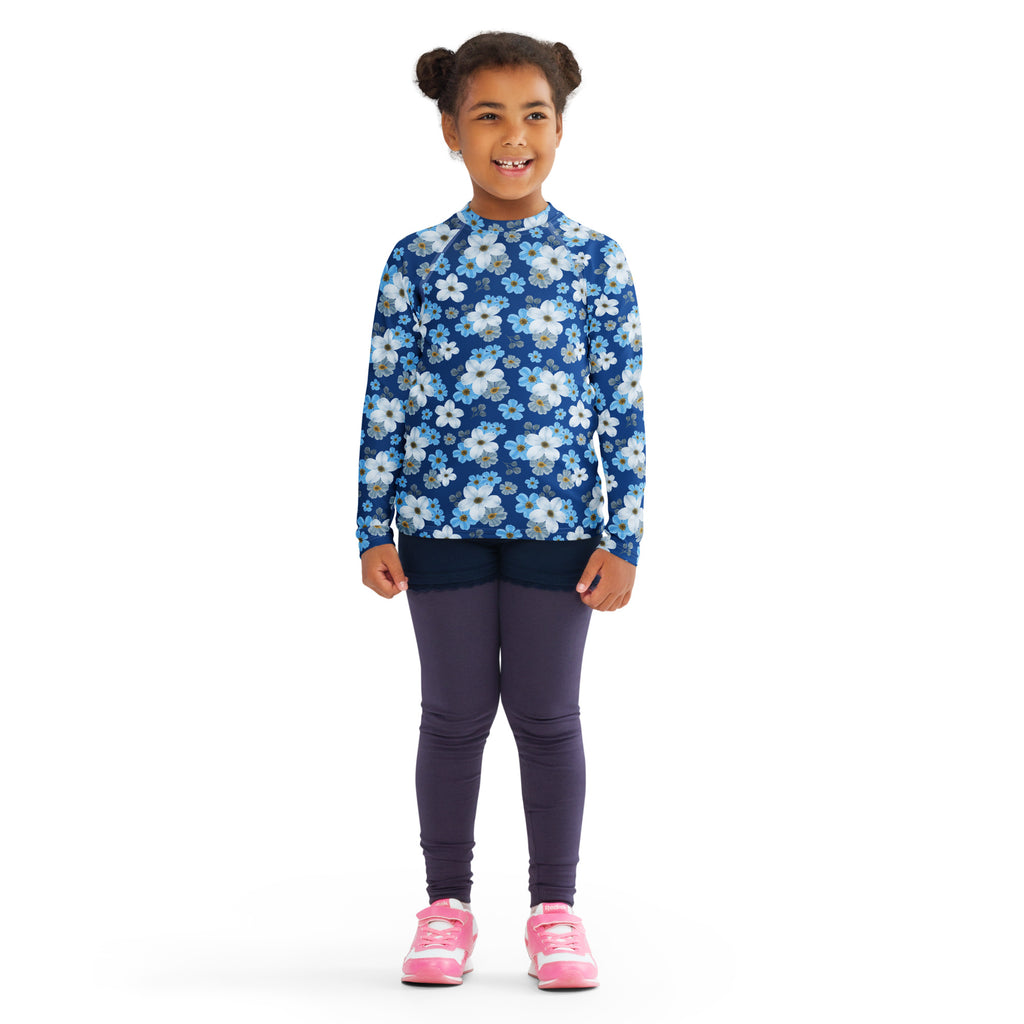 Kids Blue Wildflower Garden Long Sleeve Rash Guard Swim Shirt – Buttery Soft, Sun Safe UPF 50+ Protection, Quick Dry & 4-Way Stretch Comfort