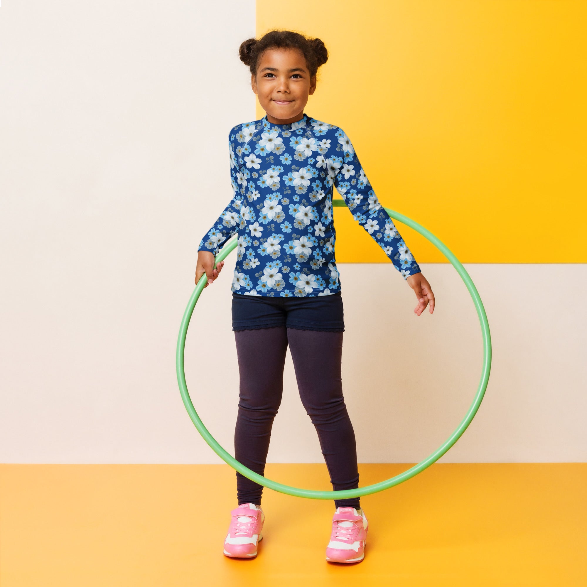 Kids Blue Wildflower Garden Long Sleeve Rash Guard Swim Shirt – Buttery Soft, Sun Safe UPF 50+ Protection, Quick Dry & 4-Way Stretch Comfort