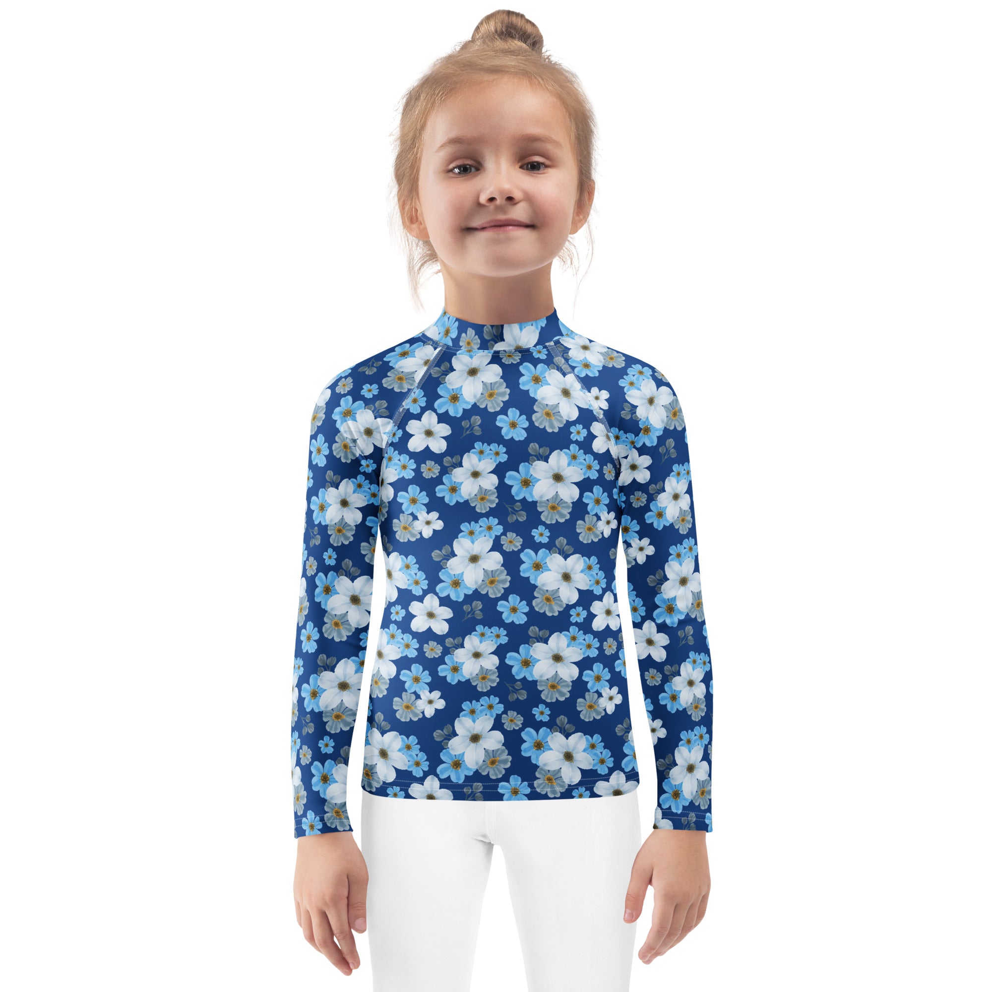 Kids Blue Wildflower Garden Long Sleeve Rash Guard Swim Shirt – Buttery Soft, Sun Safe UPF 50+ Protection, Quick Dry & 4-Way Stretch Comfort