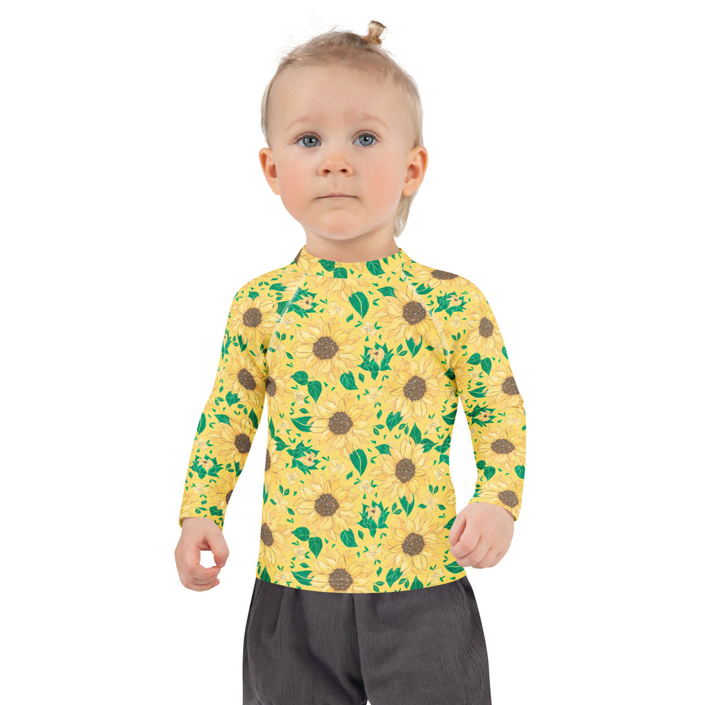 Kids Golden Sunflower Long Sleeve Rash Guard Swim Shirt – Buttery Soft, Sun Safe UPF 50+ Protection, Quick Dry & 4-Way Stretch Comfort