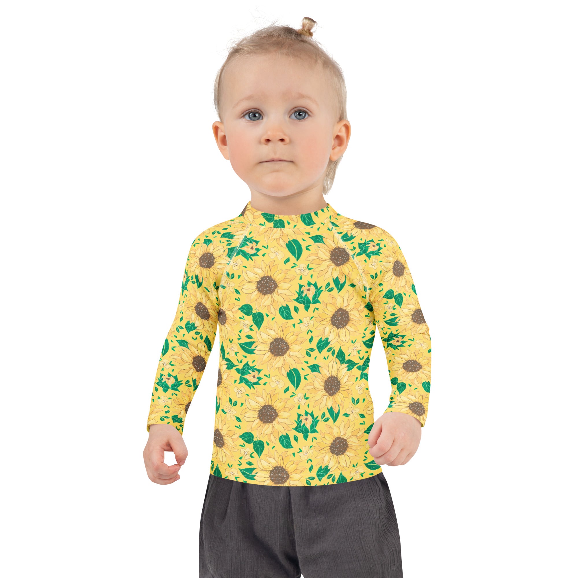 Kids Golden Sunflower Long Sleeve Rash Guard Swim Shirt – Buttery Soft, Sun Safe UPF 50+ Protection, Quick Dry & 4-Way Stretch Comfort