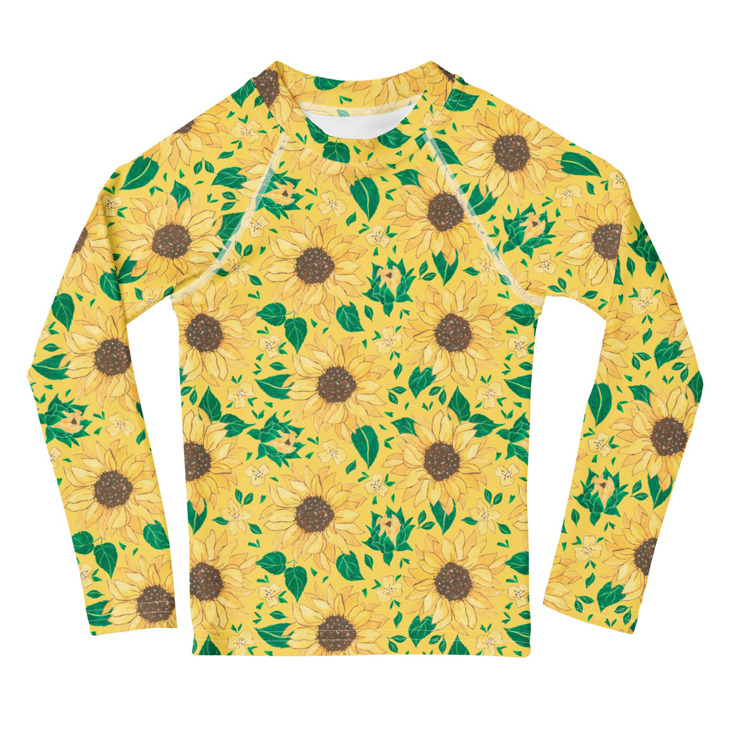 Kids Golden Sunflower Long Sleeve Rash Guard Swim Shirt – Buttery Soft, Sun Safe UPF 50+ Protection, Quick Dry & 4-Way Stretch Comfort