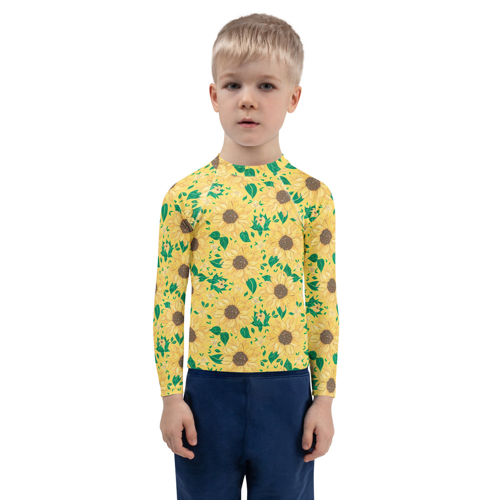 Kids Golden Sunflower Long Sleeve Rash Guard Swim Shirt – Buttery Soft, Sun Safe UPF 50+ Protection, Quick Dry & 4-Way Stretch Comfort