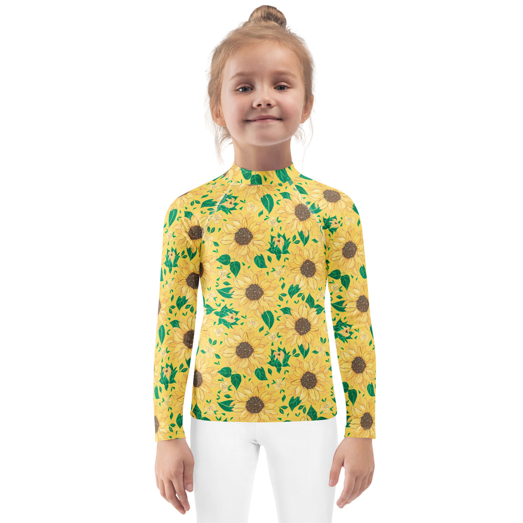 Kids Golden Sunflower Long Sleeve Rash Guard Swim Shirt – Buttery Soft, Sun Safe UPF 50+ Protection, Quick Dry & 4-Way Stretch Comfort