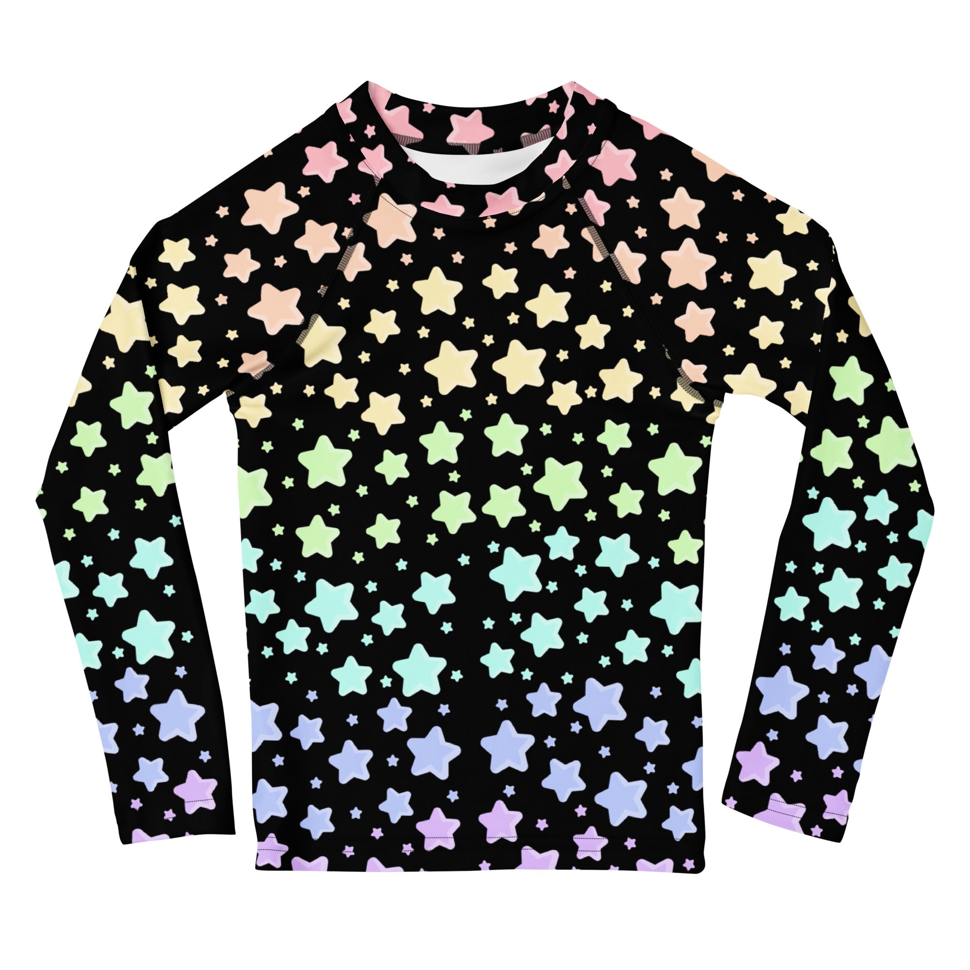 Kids Pastel Rainbow Stars Long Sleeve Rash Guard Swim Shirt – Buttery Soft, Sun Safe UPF 50+ Protection, Quick Dry & 4-Way Stretch Comfort
