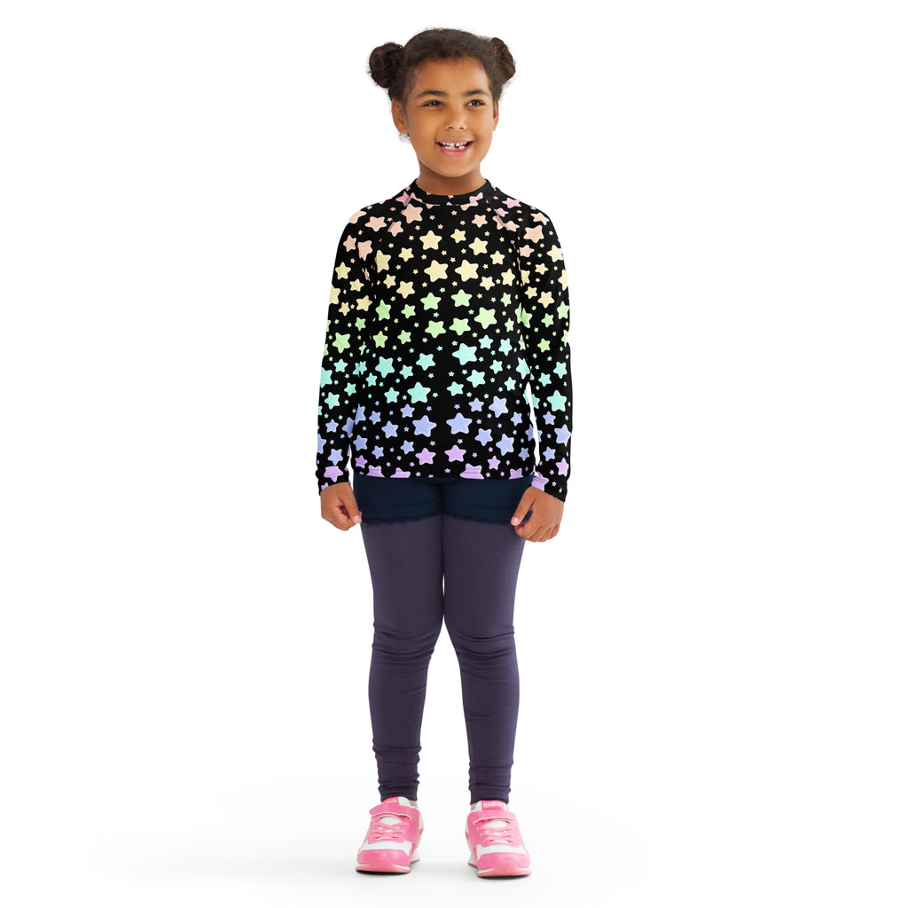 Kids Pastel Rainbow Stars Long Sleeve Rash Guard Swim Shirt – Buttery Soft, Sun Safe UPF 50+ Protection, Quick Dry & 4-Way Stretch Comfort