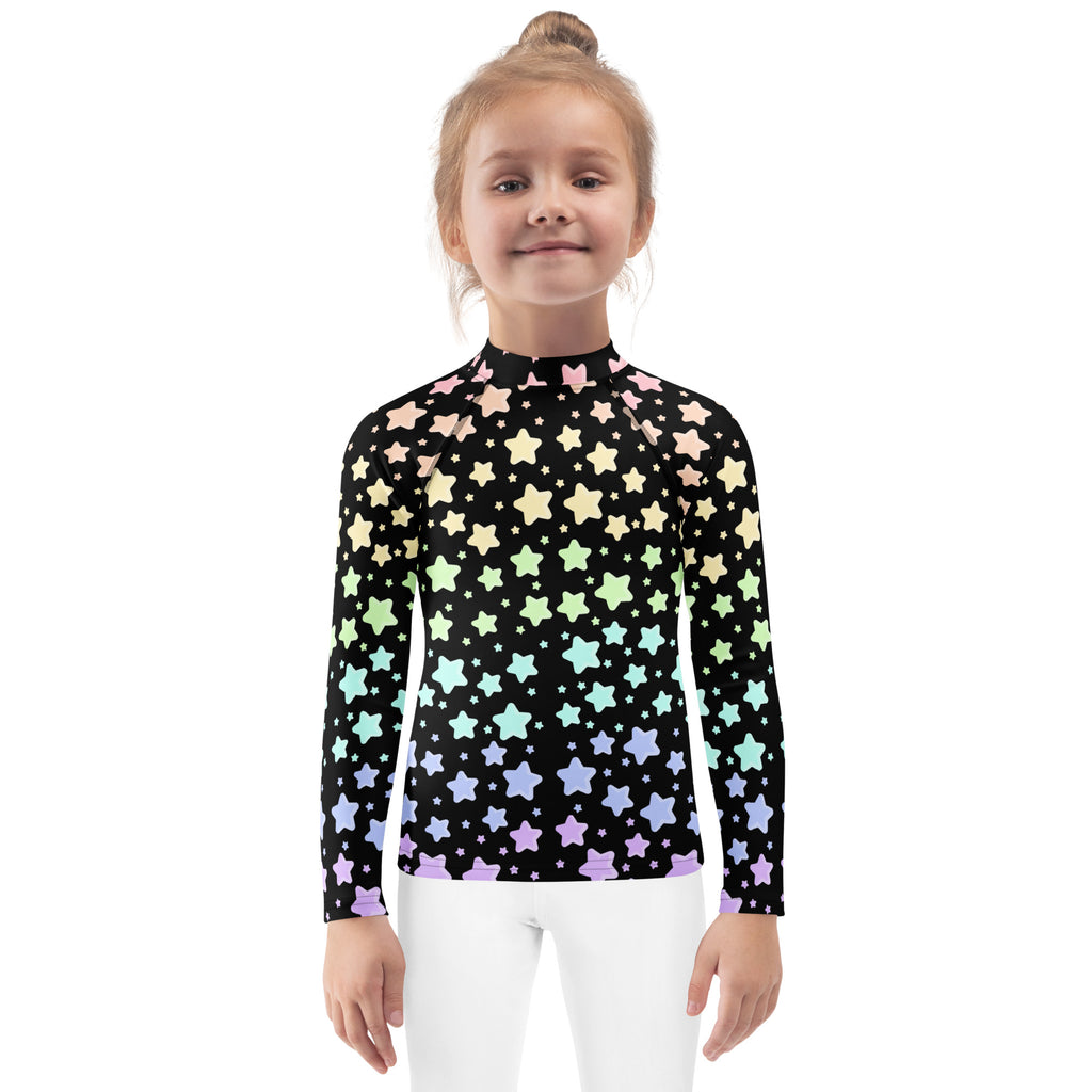 Kids Pastel Rainbow Stars Long Sleeve Rash Guard Swim Shirt – Buttery Soft, Sun Safe UPF 50+ Protection, Quick Dry & 4-Way Stretch Comfort