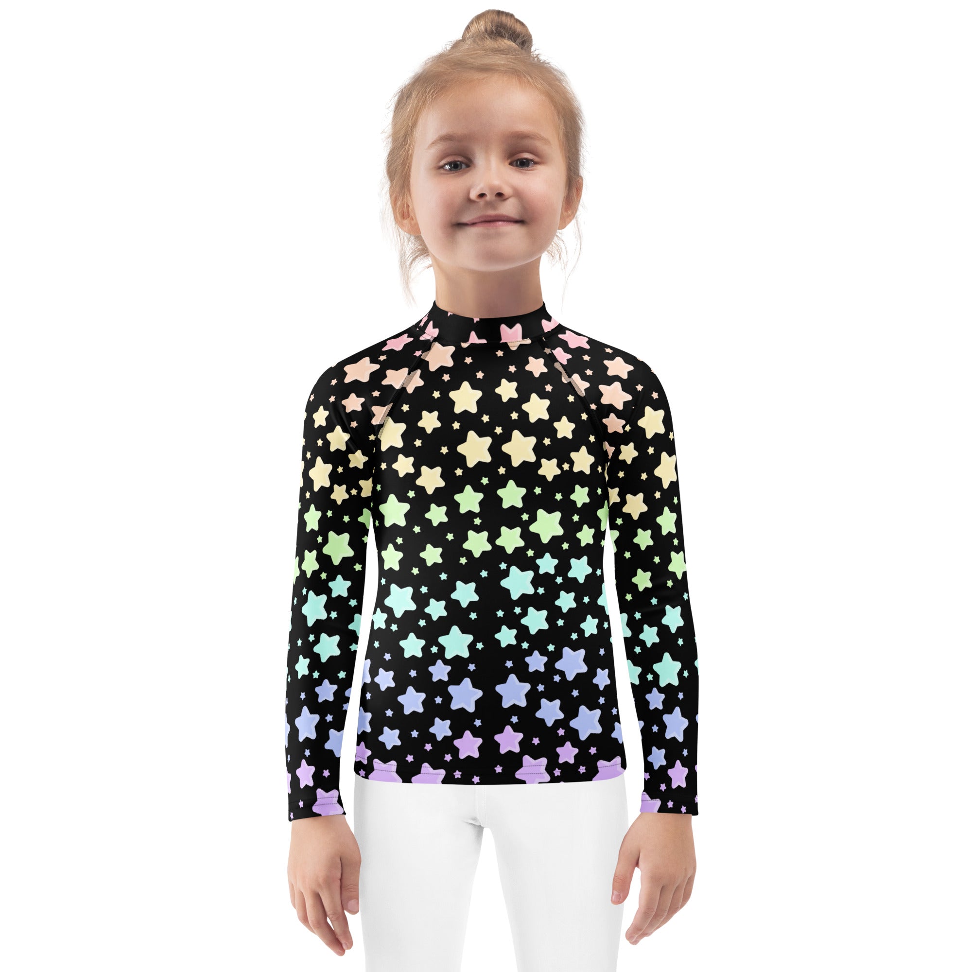 Kids Pastel Rainbow Stars Long Sleeve Rash Guard Swim Shirt – Buttery Soft, Sun Safe UPF 50+ Protection, Quick Dry & 4-Way Stretch Comfort