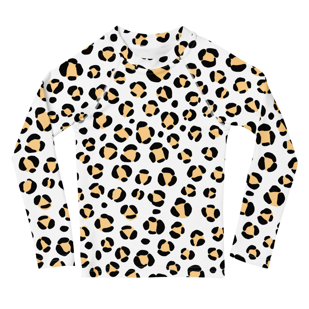 Kids Yellow Snow Leopard Long Sleeve Rash Guard Swim Shirt – Buttery Soft, Sun Safe UPF 50+ Protection, Quick Dry & 4-Way Stretch Comfort