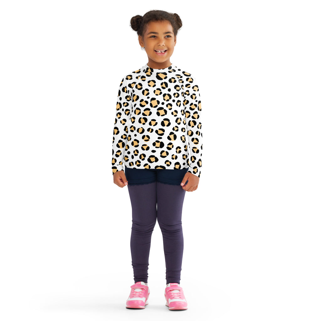 Kids Yellow Snow Leopard Long Sleeve Rash Guard Swim Shirt – Buttery Soft, Sun Safe UPF 50+ Protection, Quick Dry & 4-Way Stretch Comfort
