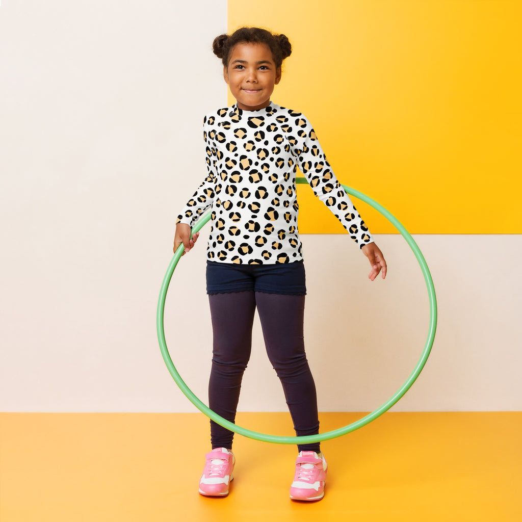 Kids Yellow Snow Leopard Long Sleeve Rash Guard Swim Shirt – Buttery Soft, Sun Safe UPF 50+ Protection, Quick Dry & 4-Way Stretch Comfort