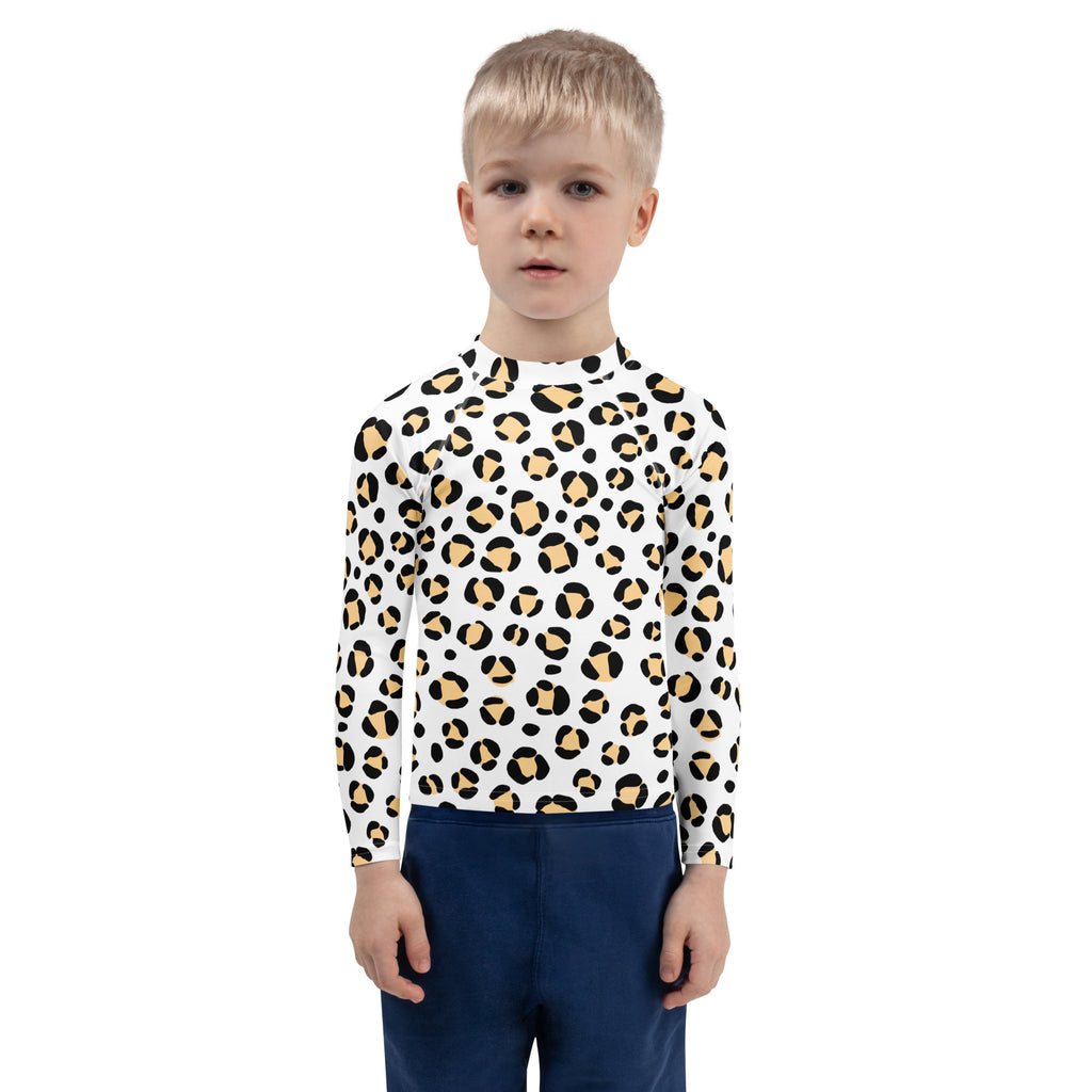 Kids Yellow Snow Leopard Long Sleeve Rash Guard Swim Shirt – Buttery Soft, Sun Safe UPF 50+ Protection, Quick Dry & 4-Way Stretch Comfort