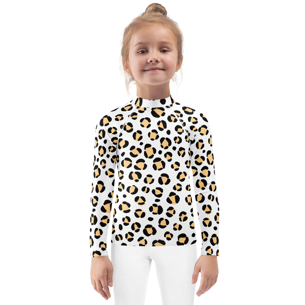 Kids Yellow Snow Leopard Long Sleeve Rash Guard Swim Shirt – Buttery Soft, Sun Safe UPF 50+ Protection, Quick Dry & 4-Way Stretch Comfort