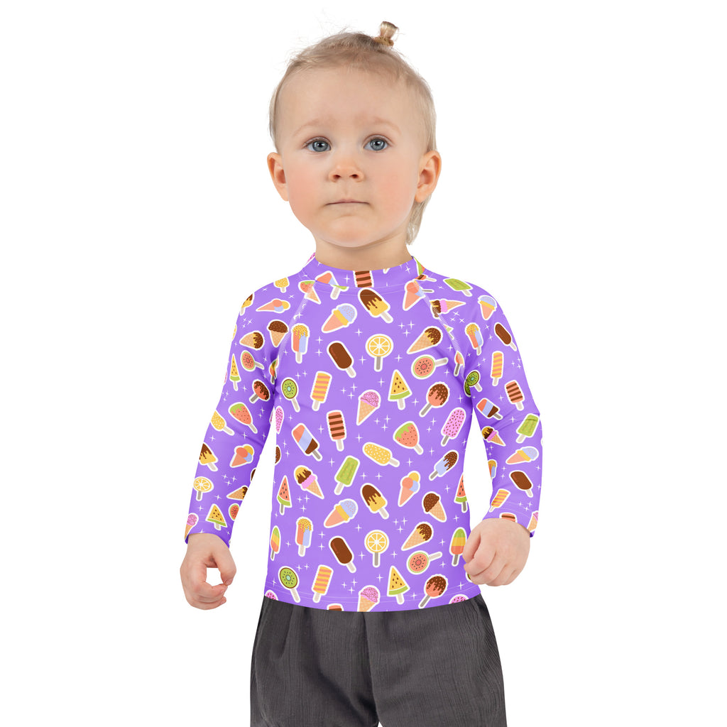 Kids Purple Ice Cream & Popsicle Long Sleeve Rash Guard Swim Shirt – Buttery Soft, Sun Safe UPF 50+ Protection, Quick Dry & 4-Way Stretch Comfort