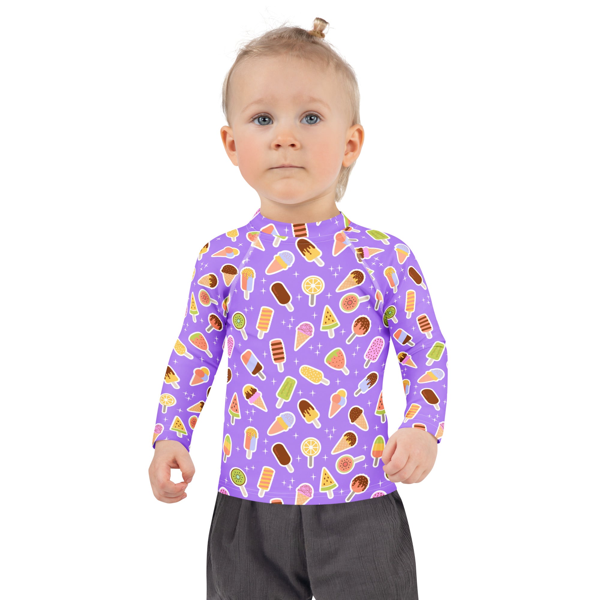 Kids Purple Ice Cream & Popsicle Long Sleeve Rash Guard Swim Shirt – Buttery Soft, Sun Safe UPF 50+ Protection, Quick Dry & 4-Way Stretch Comfort