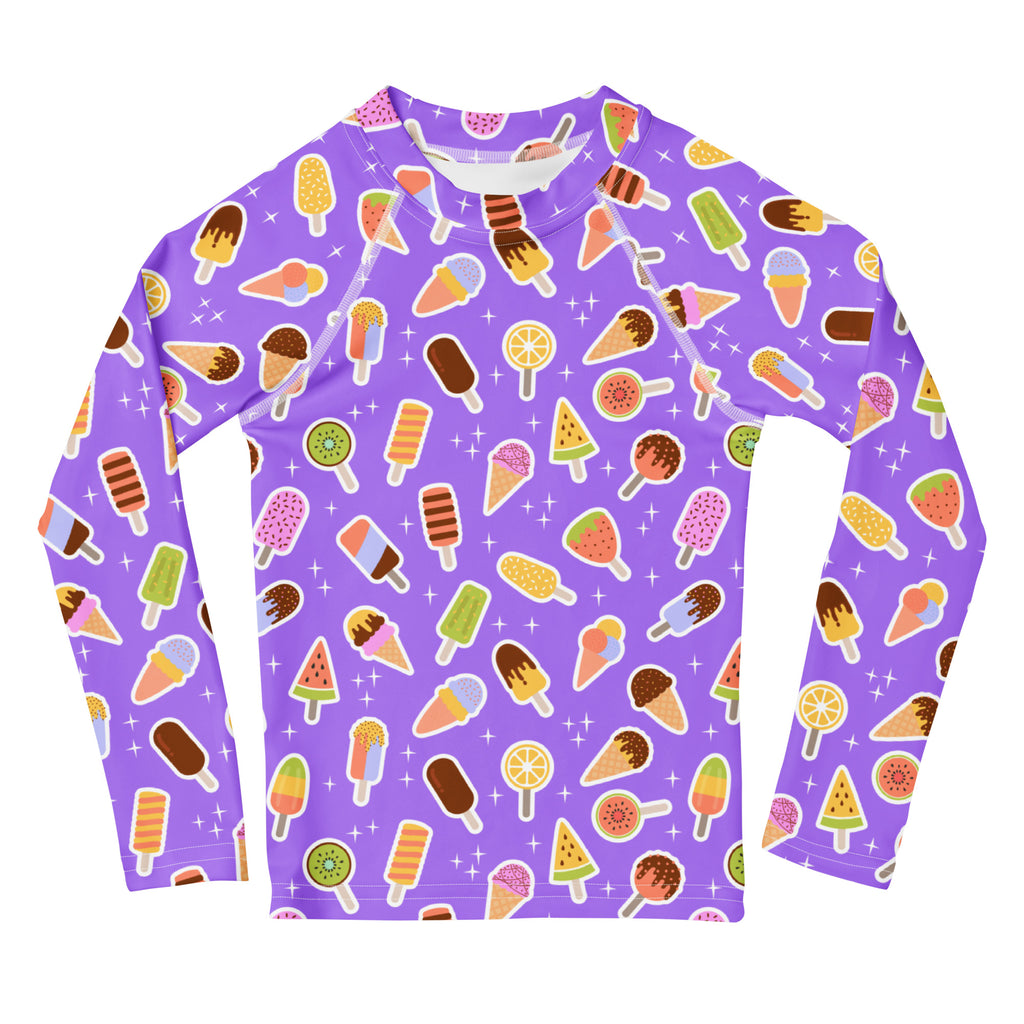 Kids Purple Ice Cream & Popsicle Long Sleeve Rash Guard Swim Shirt – Buttery Soft, Sun Safe UPF 50+ Protection, Quick Dry & 4-Way Stretch Comfort