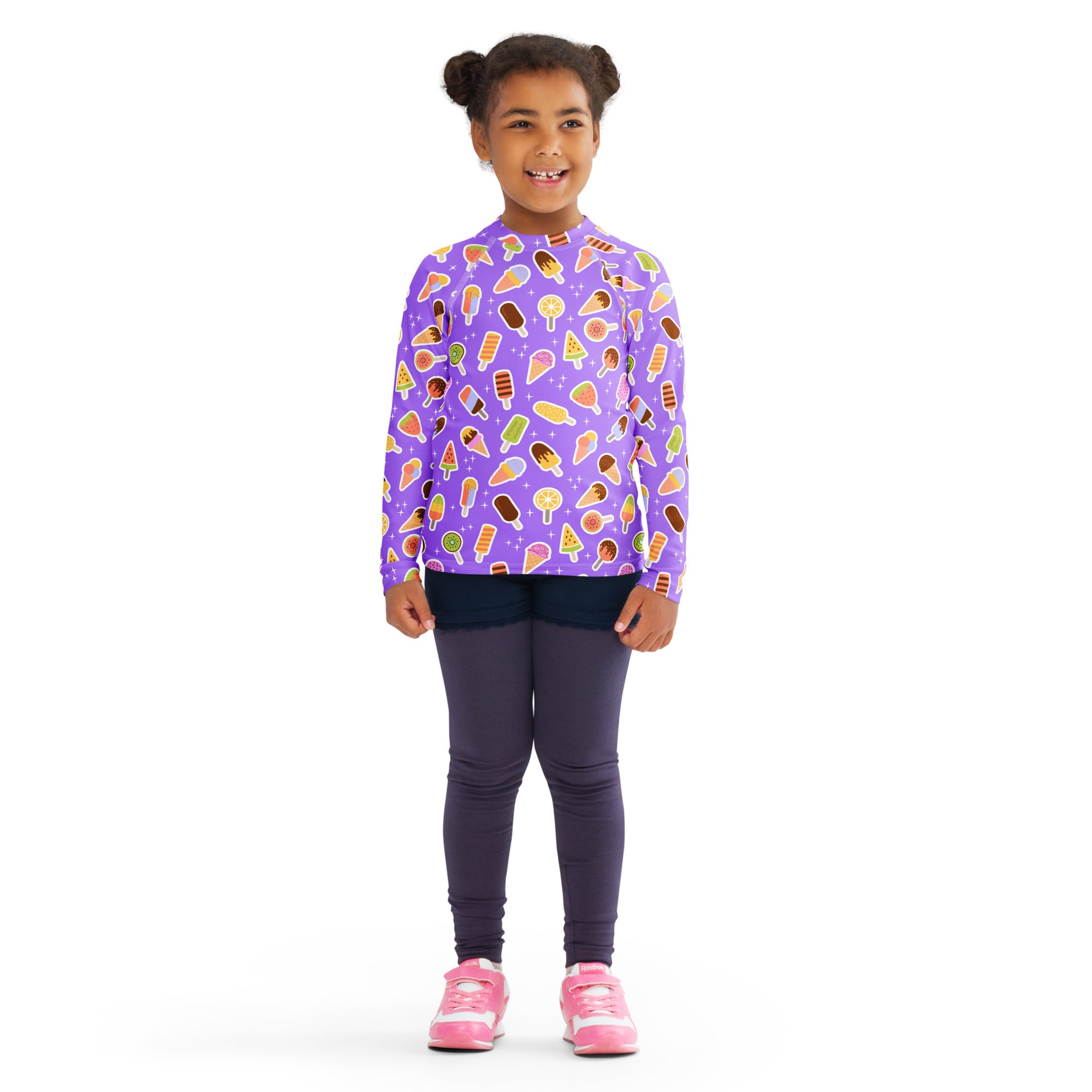 Kids Purple Ice Cream & Popsicle Long Sleeve Rash Guard Swim Shirt – Buttery Soft, Sun Safe UPF 50+ Protection, Quick Dry & 4-Way Stretch Comfort
