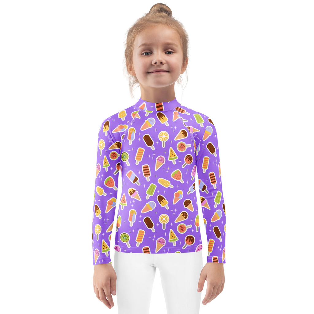 Kids Purple Ice Cream & Popsicle Long Sleeve Rash Guard Swim Shirt – Buttery Soft, Sun Safe UPF 50+ Protection, Quick Dry & 4-Way Stretch Comfort