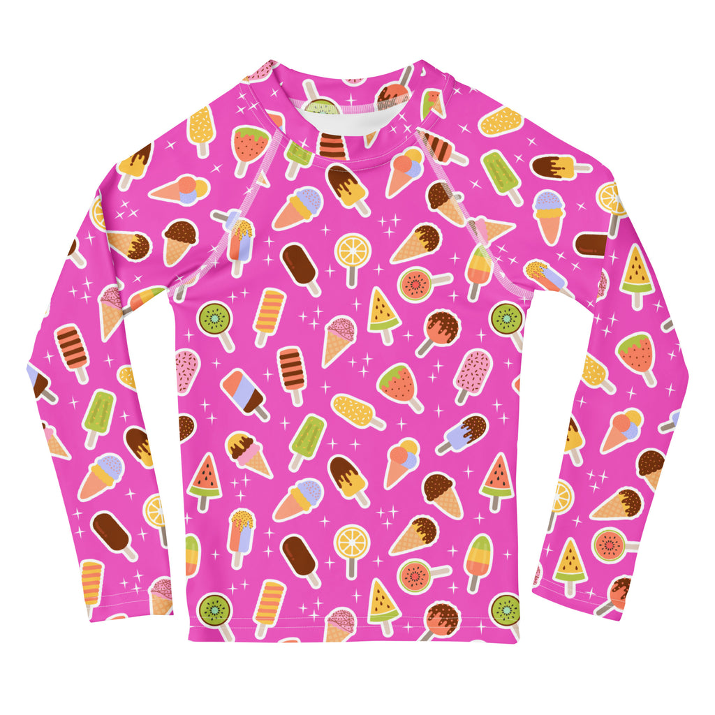 Kids Pink Ice Cream & Popsicle Long Sleeve Rash Guard Swim Shirt – Buttery Soft, Sun Safe UPF 50+ Protection, Quick Dry & 4-Way Stretch Comfort