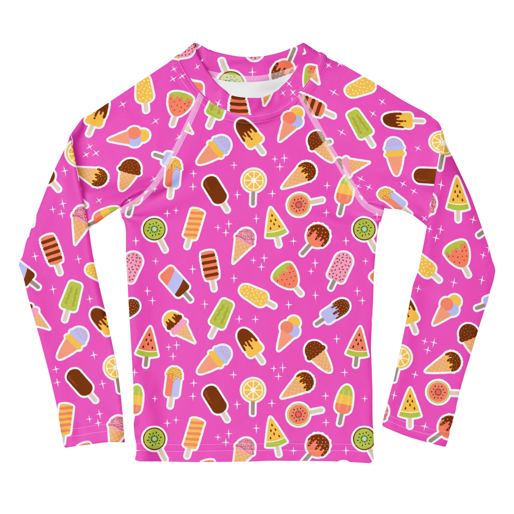 Kids Pink Ice Cream & Popsicle Long Sleeve Rash Guard Swim Shirt – Buttery Soft, Sun Safe UPF 50+ Protection, Quick Dry & 4-Way Stretch Comfort