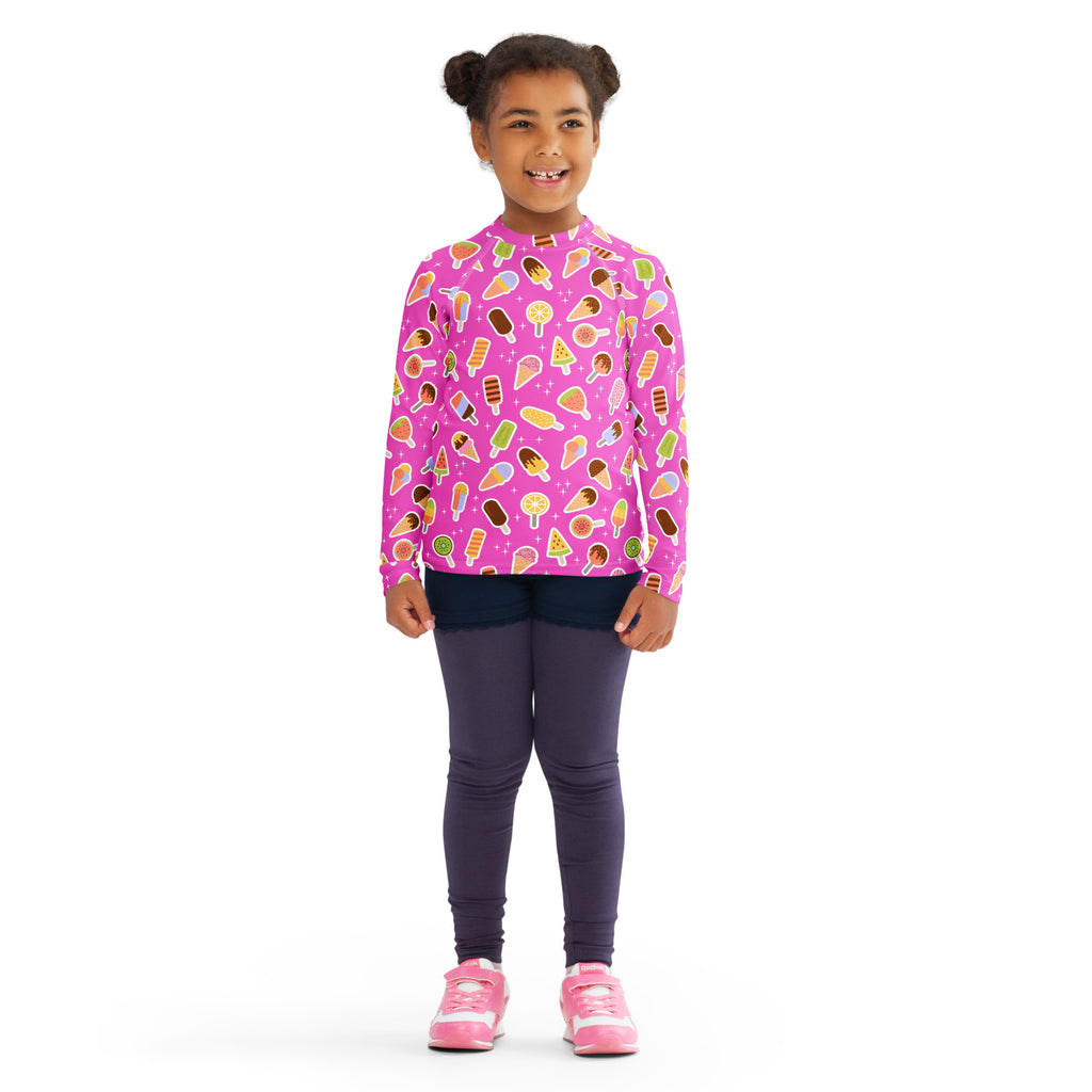 Kids Pink Ice Cream & Popsicle Long Sleeve Rash Guard Swim Shirt – Buttery Soft, Sun Safe UPF 50+ Protection, Quick Dry & 4-Way Stretch Comfort