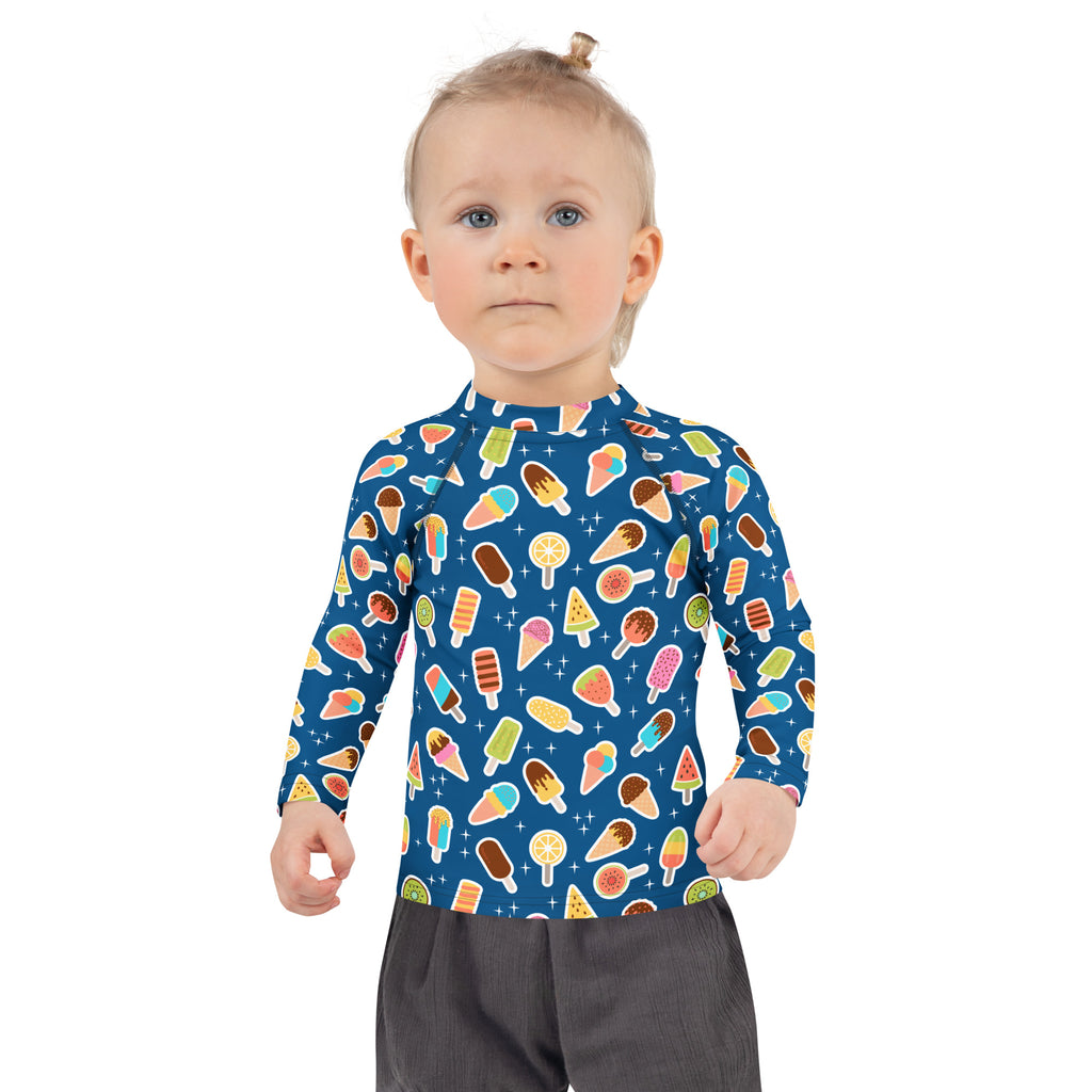 Kids Blue Ice Cream & Popsicle Long Sleeve Rash Guard Swim Shirt – Buttery Soft, Sun Safe UPF 50+ Protection, Quick Dry & 4-Way Stretch Comfort
