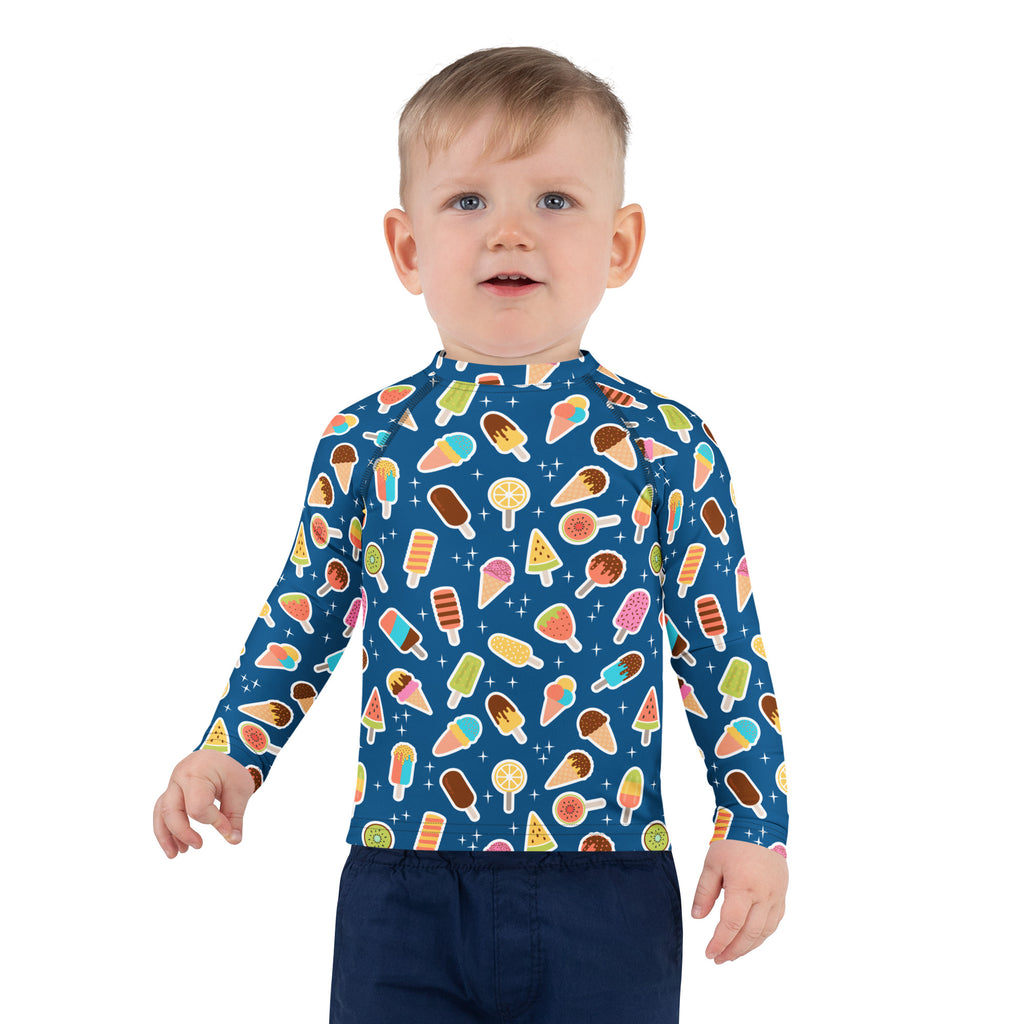 Kids Blue Ice Cream & Popsicle Long Sleeve Rash Guard Swim Shirt – Buttery Soft, Sun Safe UPF 50+ Protection, Quick Dry & 4-Way Stretch Comfort
