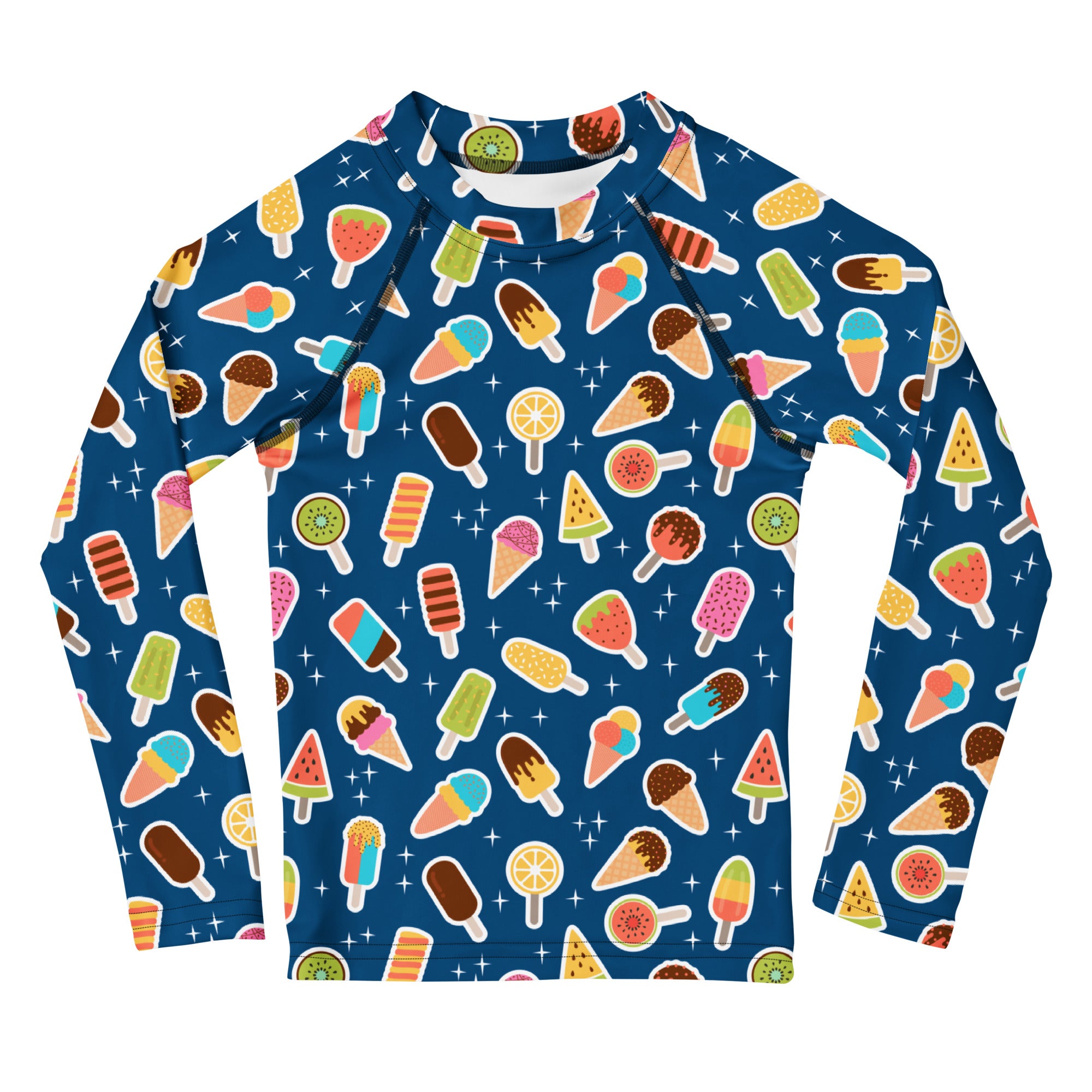 Kids Blue Ice Cream & Popsicle Long Sleeve Rash Guard Swim Shirt – Buttery Soft, Sun Safe UPF 50+ Protection, Quick Dry & 4-Way Stretch Comfort