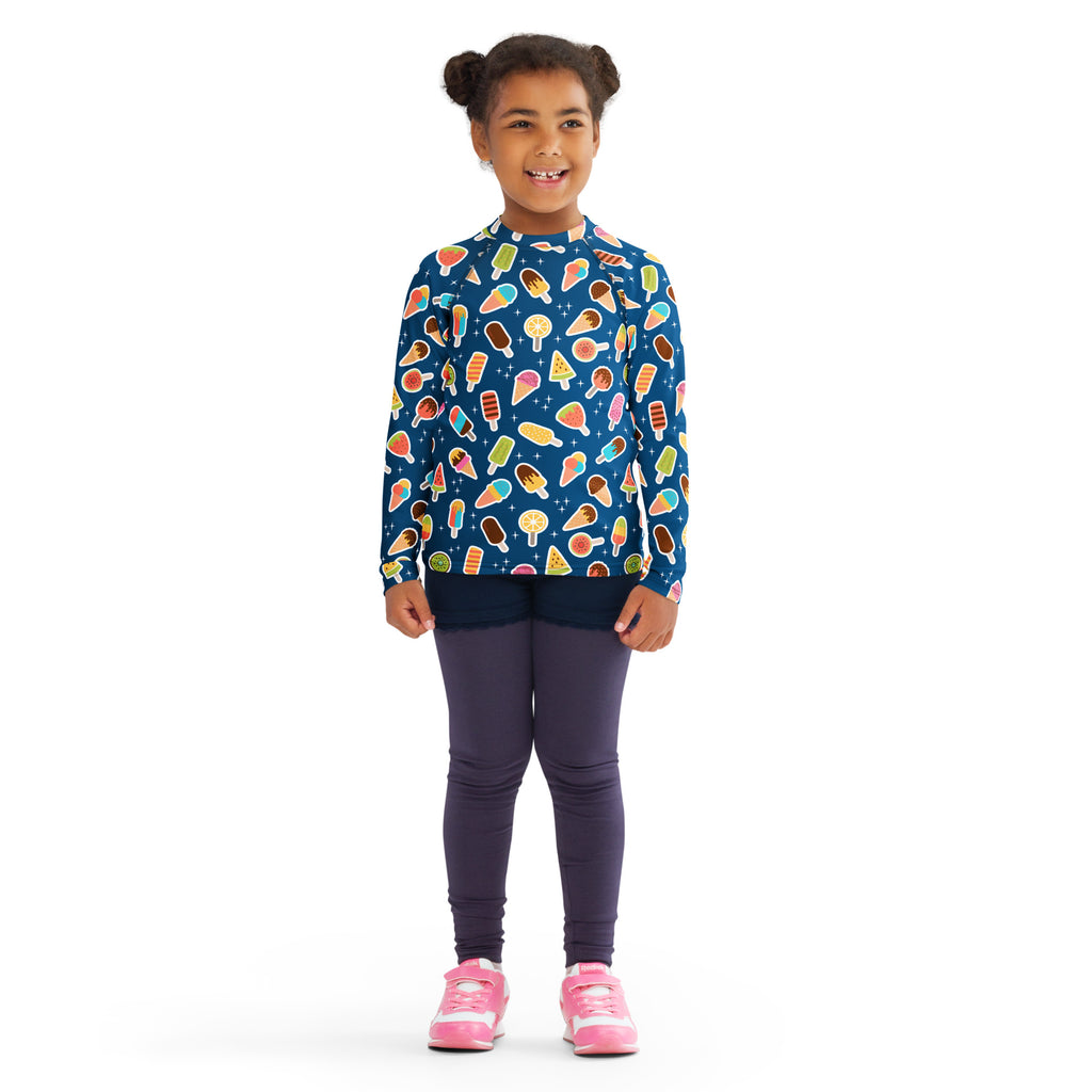 Kids Blue Ice Cream & Popsicle Long Sleeve Rash Guard Swim Shirt – Buttery Soft, Sun Safe UPF 50+ Protection, Quick Dry & 4-Way Stretch Comfort