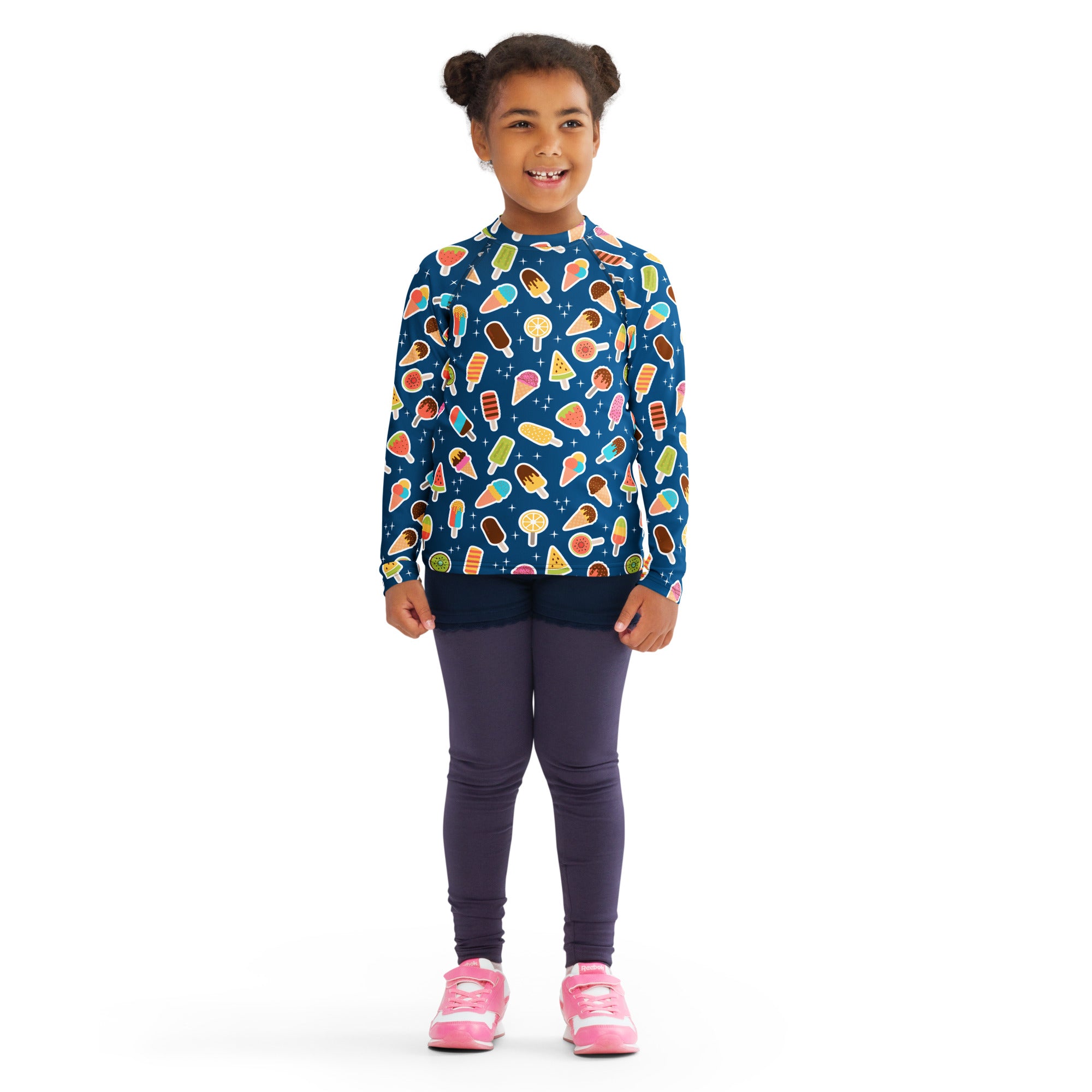 Kids Blue Ice Cream & Popsicle Long Sleeve Rash Guard Swim Shirt – Buttery Soft, Sun Safe UPF 50+ Protection, Quick Dry & 4-Way Stretch Comfort