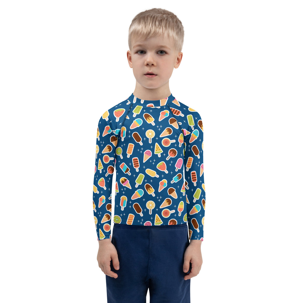 Kids Blue Ice Cream & Popsicle Long Sleeve Rash Guard Swim Shirt – Buttery Soft, Sun Safe UPF 50+ Protection, Quick Dry & 4-Way Stretch Comfort