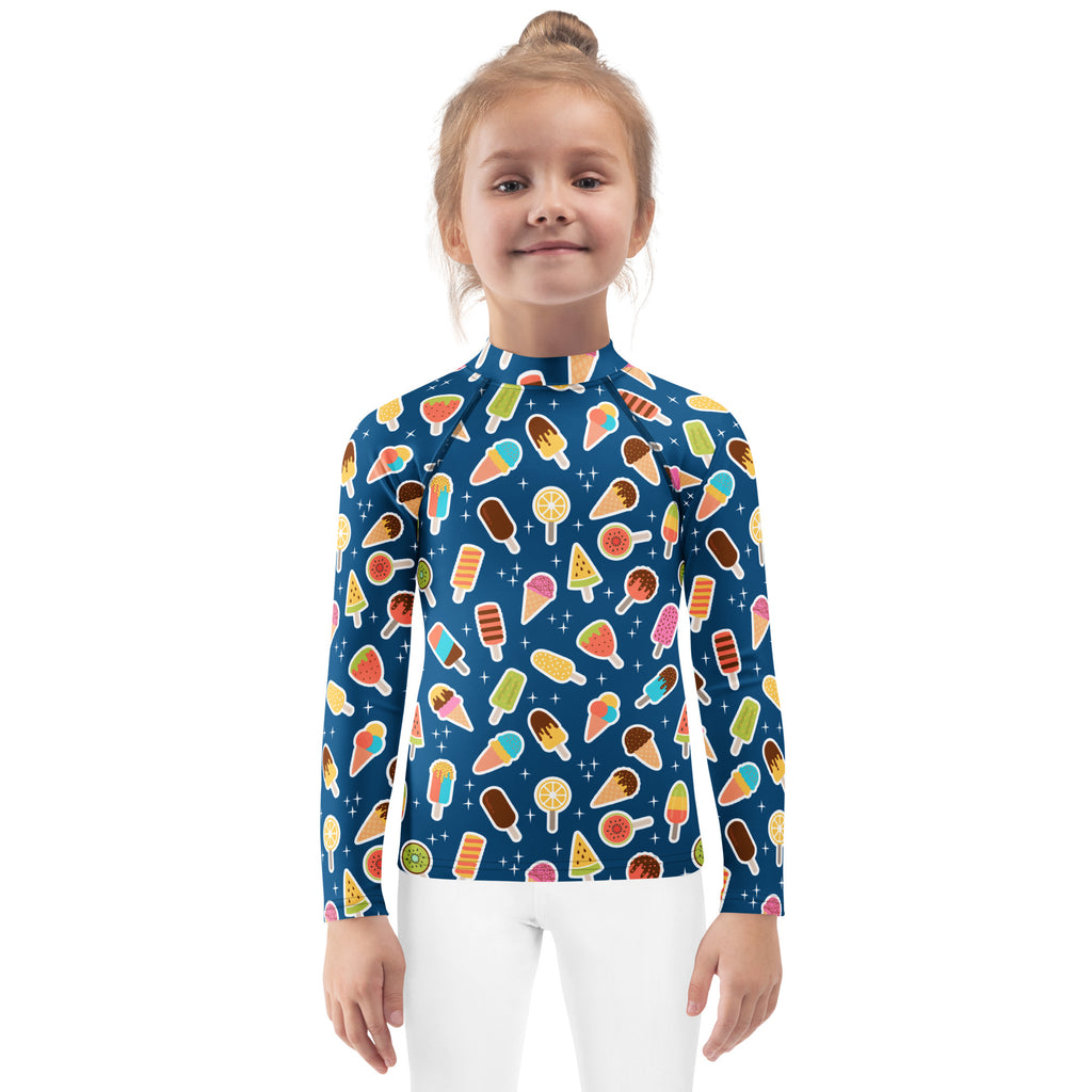 Kids Blue Ice Cream & Popsicle Long Sleeve Rash Guard Swim Shirt – Buttery Soft, Sun Safe UPF 50+ Protection, Quick Dry & 4-Way Stretch Comfort