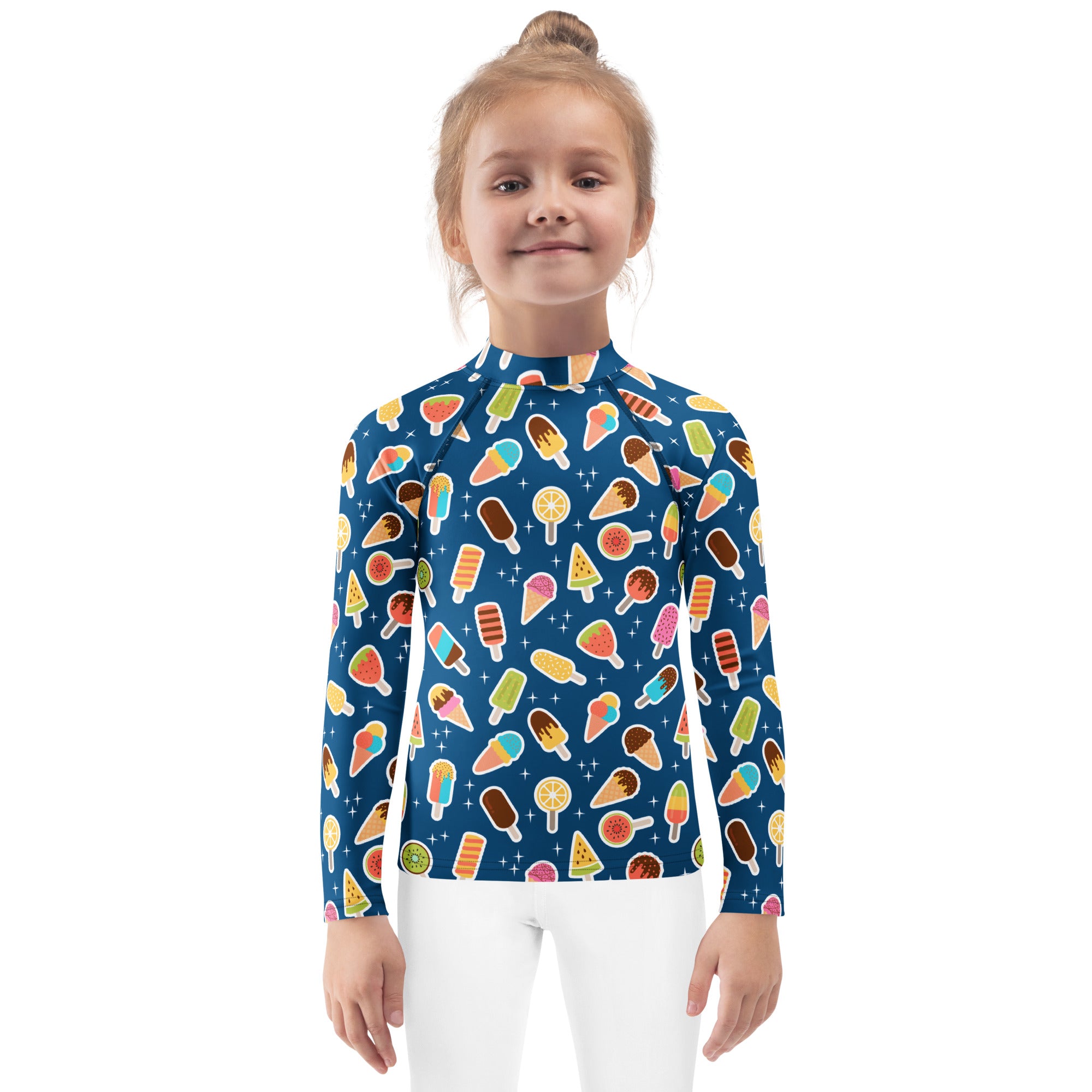 Kids Blue Ice Cream & Popsicle Long Sleeve Rash Guard Swim Shirt – Buttery Soft, Sun Safe UPF 50+ Protection, Quick Dry & 4-Way Stretch Comfort